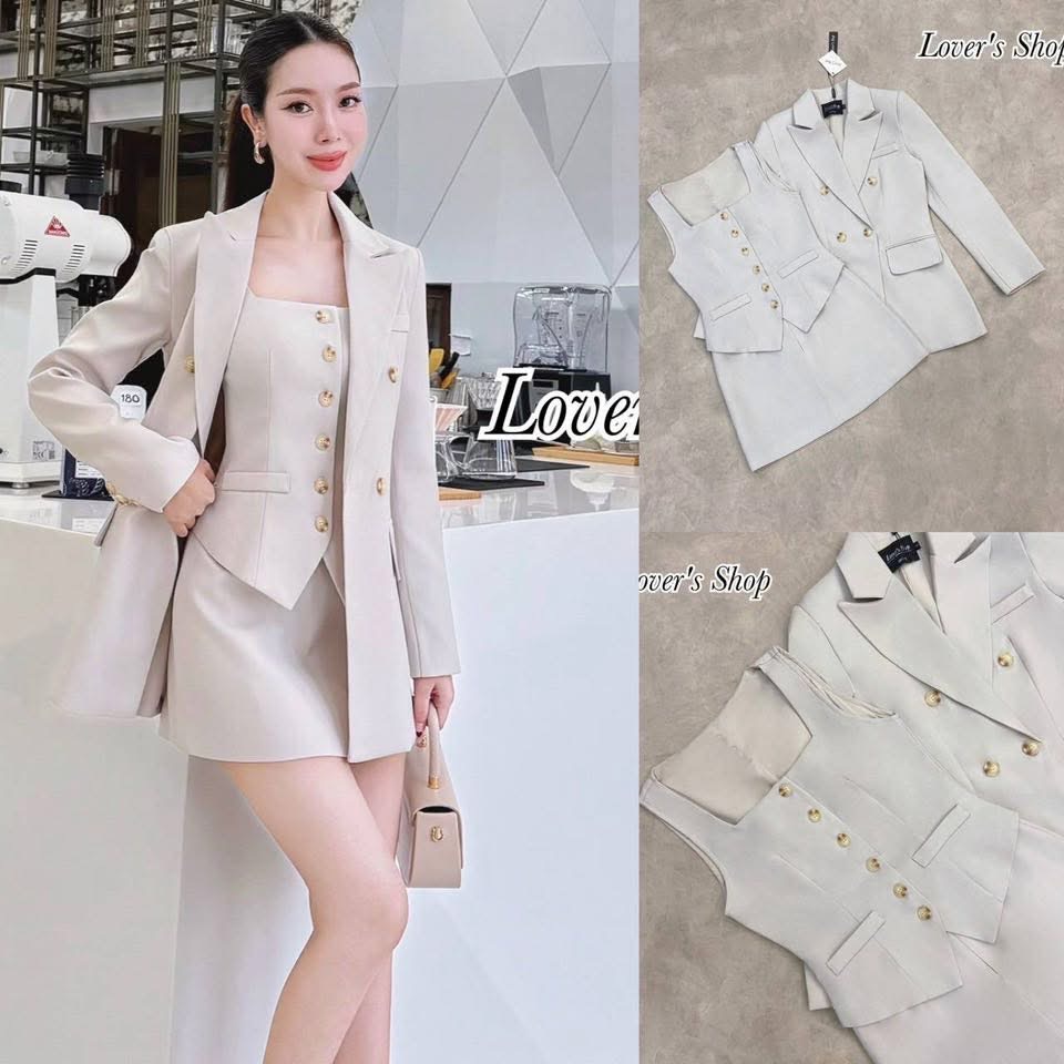 Set 3ชิ้น เสื้อสูท+เสื้อกั๊ก+กระโปรง ลุคคเรียบหรูดูผู้ดี ใส่สบาย : สินค้าคุณภาพ (พร้อมส่ง)