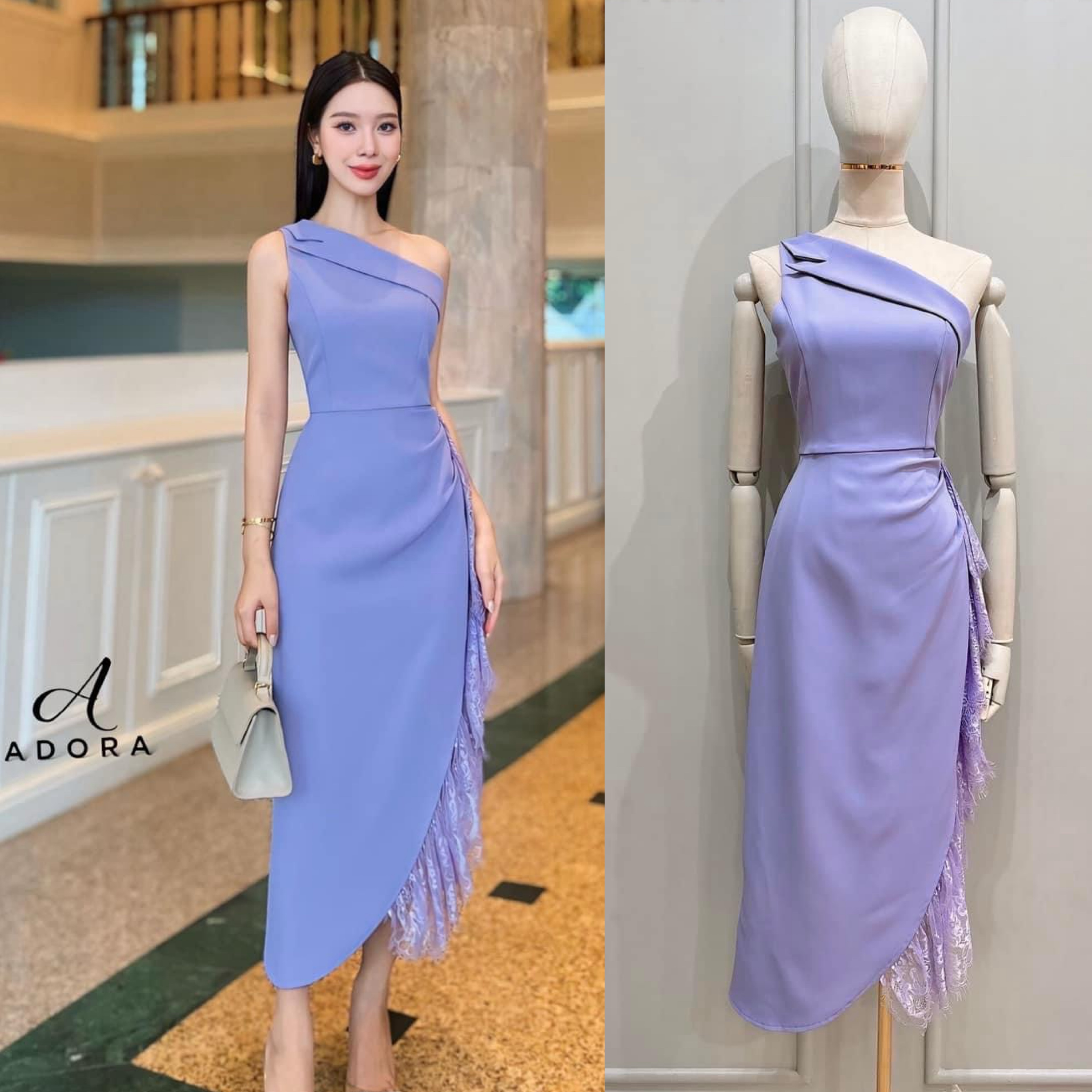 เดรสดีไซน์ไหล่เฉียง ช ตัวเดรส ใช้เนื้อผ้าเกรดพรีเมี่ยมทั้งตัว ดีไซน์กระโปรงทรง สอบตกแต่งระบายด้วยผ้าลูกไม้ไล่ระดับด้านข้าง งานมีซับใน ซิปหลัง ใส่สบาย : สินค้าคุณภาพ (พร้อมส่ง)