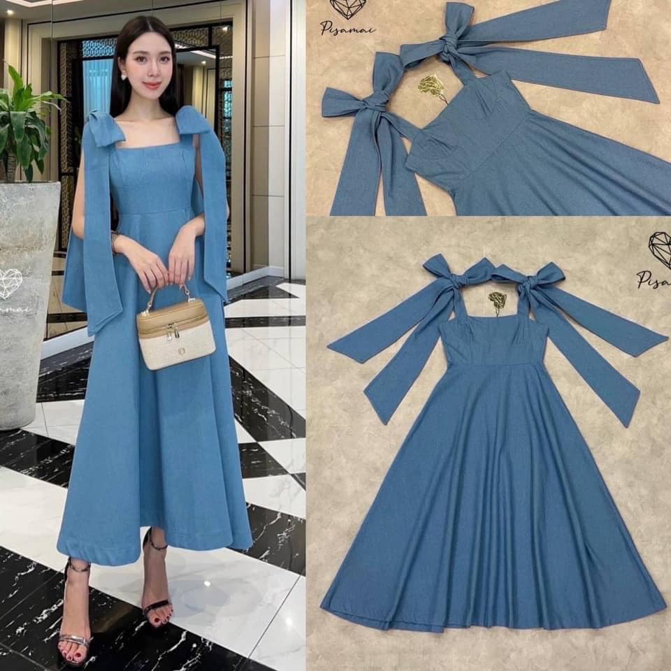 เซ็ต 3 ชิ้นเดรสแขนโบว์ยีนส์ตัวยาว ใส่สวยฟินนาเล่ สายโบว์ช่วงแขนสามารถถอดแยกได้น้า ใส่สบาย : สินค้าคุณภาพ (พร้อมส่ง)