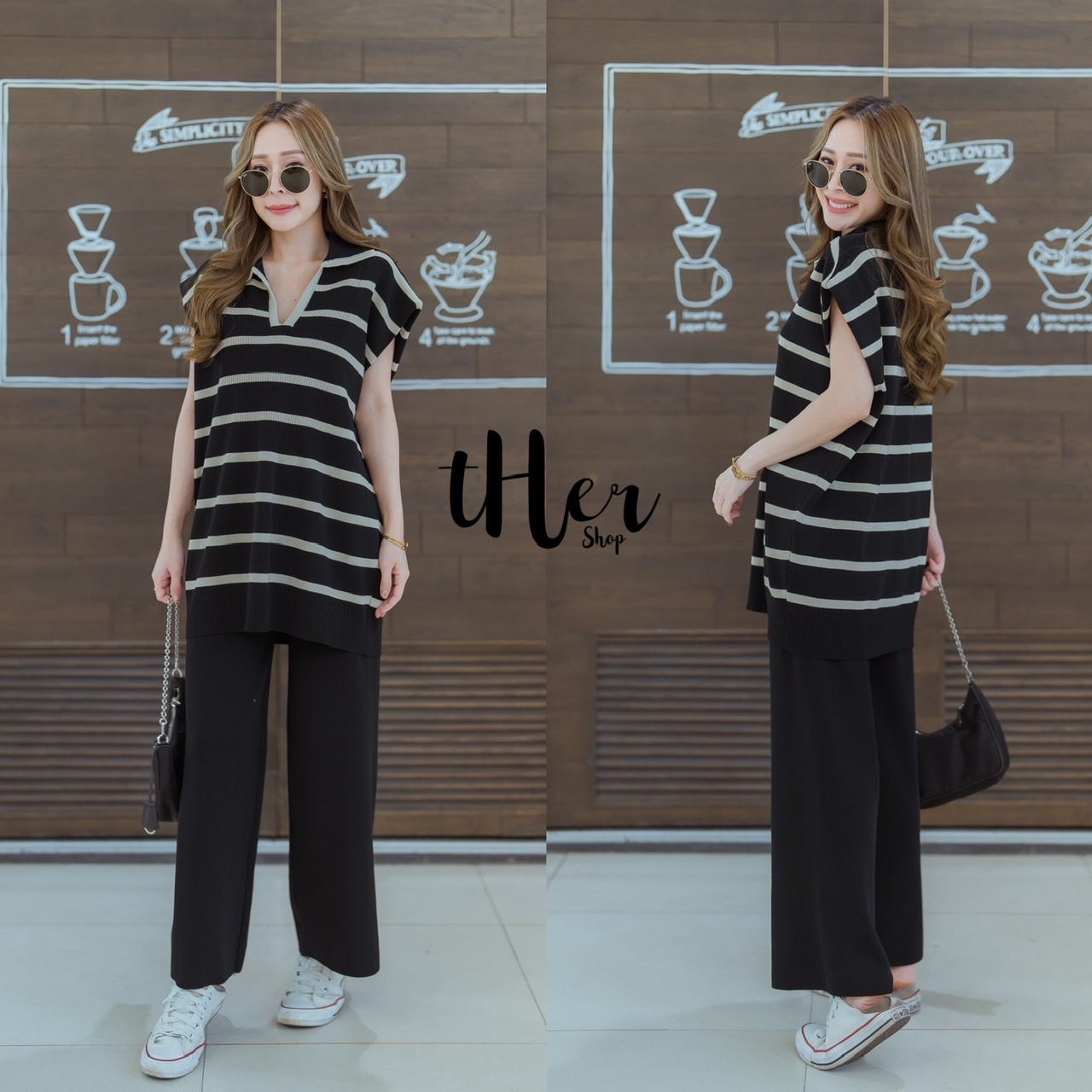 ชุดSet เสื้อไหมพรมแต่งคอปก ลายทาง มาพร้อมกางเกงขายาวทรงปล่อย สามารถ ใส่แยกได้ด้วยน้า ใช้ผ้าเนื้อดี ใส่สบาย : สินค้าคุณภาพ (พร้อมส่ง)