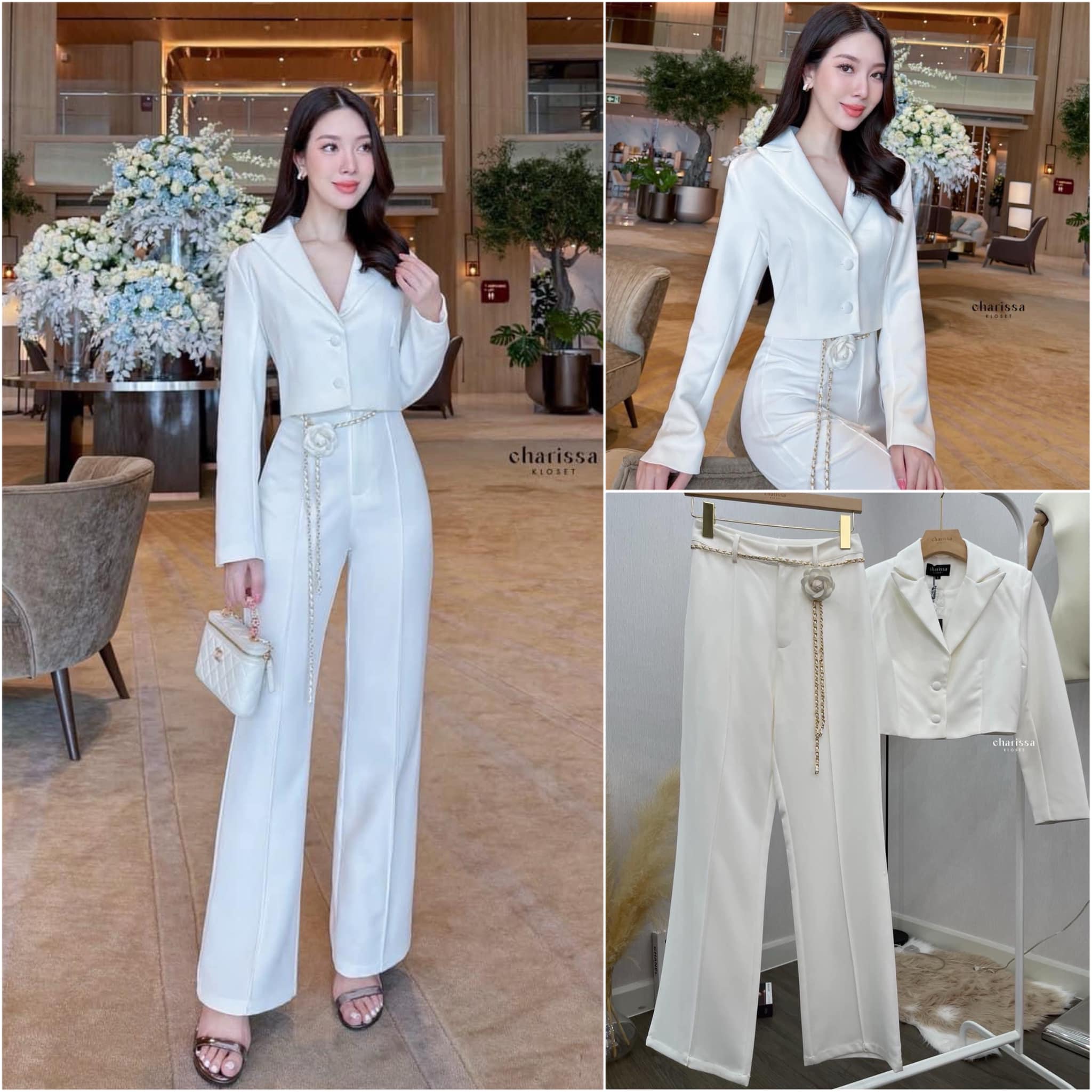 เซ็ทสูท Crop มาพร้อมกับเข็มขัดโซ่และดอกไม้ น่ารักมาก ใส่สบาย : สินค้าคุณภาพ (พร้อมส่ง)