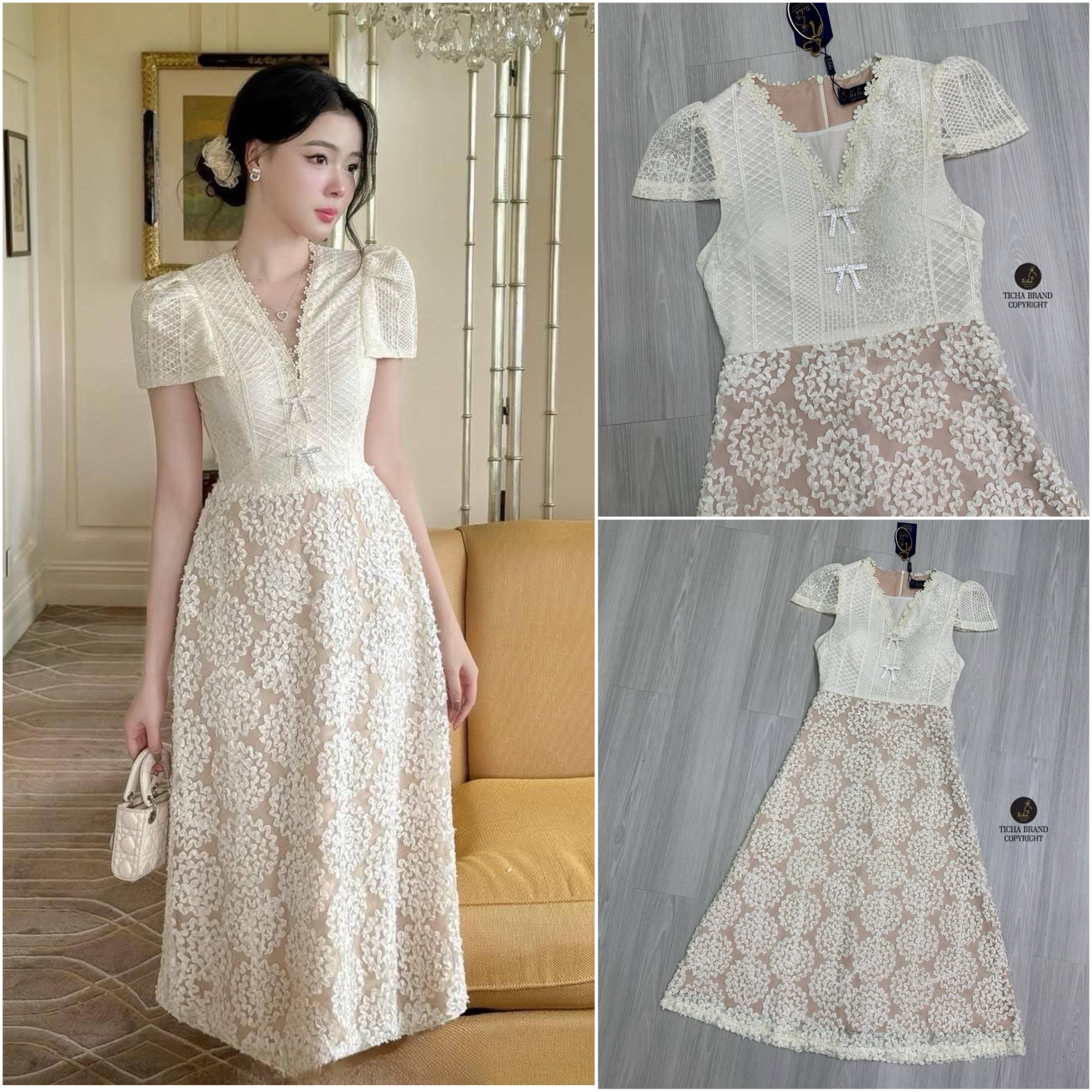 เดรสลูกไม้สีครีม เดรสดีเทลแขนปกไหล่ ช่วงบนปักซีทรูสวยซับในครีมอกแต่งเข็มกลัดโบว์เพชรน่ารัก ใส่สบาย : สินค้าคุณภาพ (พร้อมส่ง)