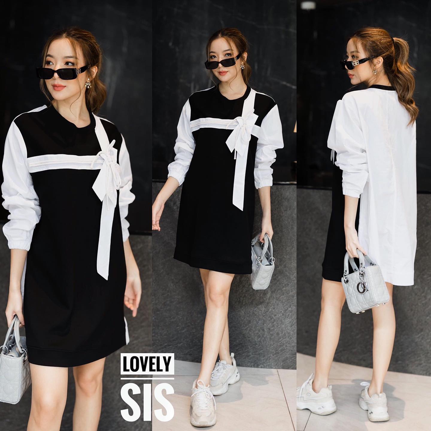 เดรสผ้ายืดเย็บต่อผ้าคอตต้อนช่วงแขน และด้านหลัง มีดีเทลเชือกผูกโบว์แต่ง ด้านหน้า งานสวยผ้าดี ดีไซน์สไตล์ ทูโทนเกร๋ๆค่า . สินค้าคุณภาพ (พร้อมส่ง)