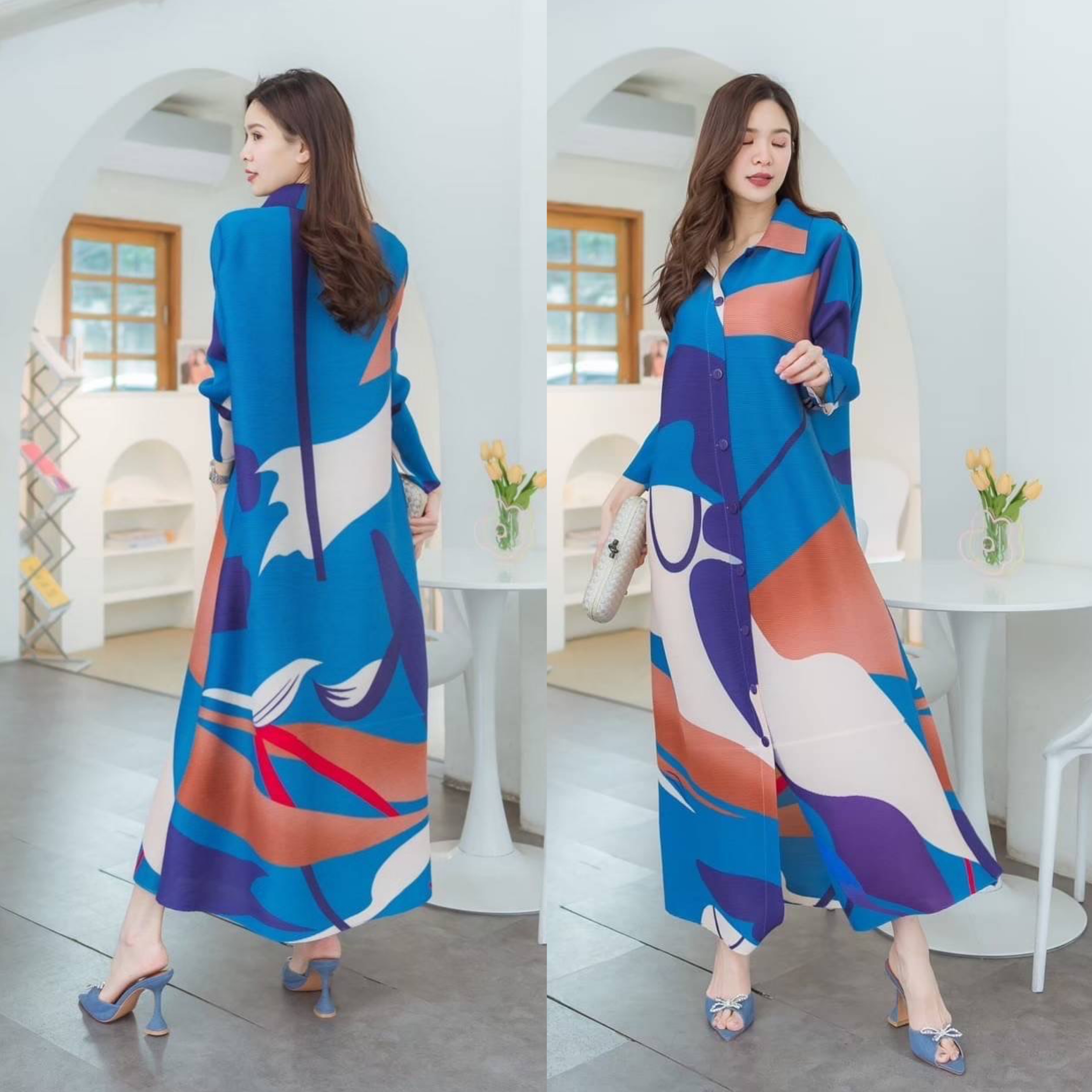 เดรสตัวยาวอัดพลีท คอปก กระดุมหน้า แขนยาว งานสวย เกรด Premium ผ้าลายกราฟฟิคเริ่ดๆ 👍🏻 สินค้าคุณภาพ (พร้อมส่ง)