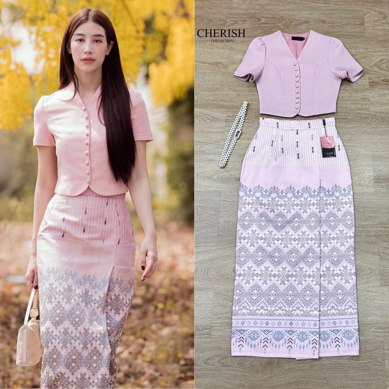 เช็ท 3 ชิ้น ชุดงานบุญ ชุดไทย เสื้อวีแต่งกระดุมเรียง เสื้อแขนสั้น ใหล่ยกเล็กน้อยเสริมซับในอย่างดี ใส่คู่ผ้าถุงพิมท์ลาย ใส่สบาย สินค้าคุณภาพ (พร้อมส่ง)