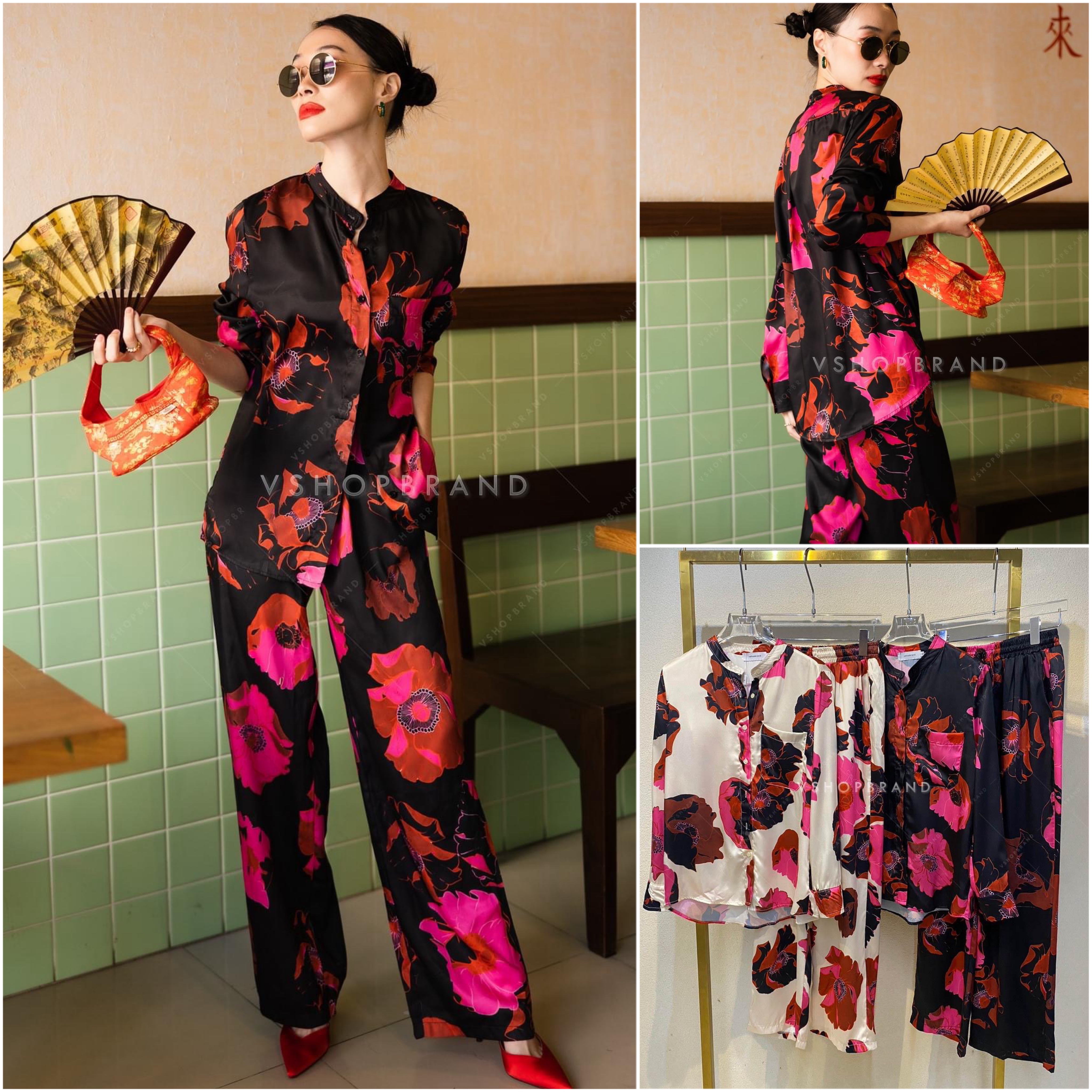 Set เสื้อเชิ้ตคอปีน ลายดอกโบตั๋น + กางเกงขายาว ต้อนรับตรุษจีน สินค้าคุณภาพ (พร้อมส่ง)