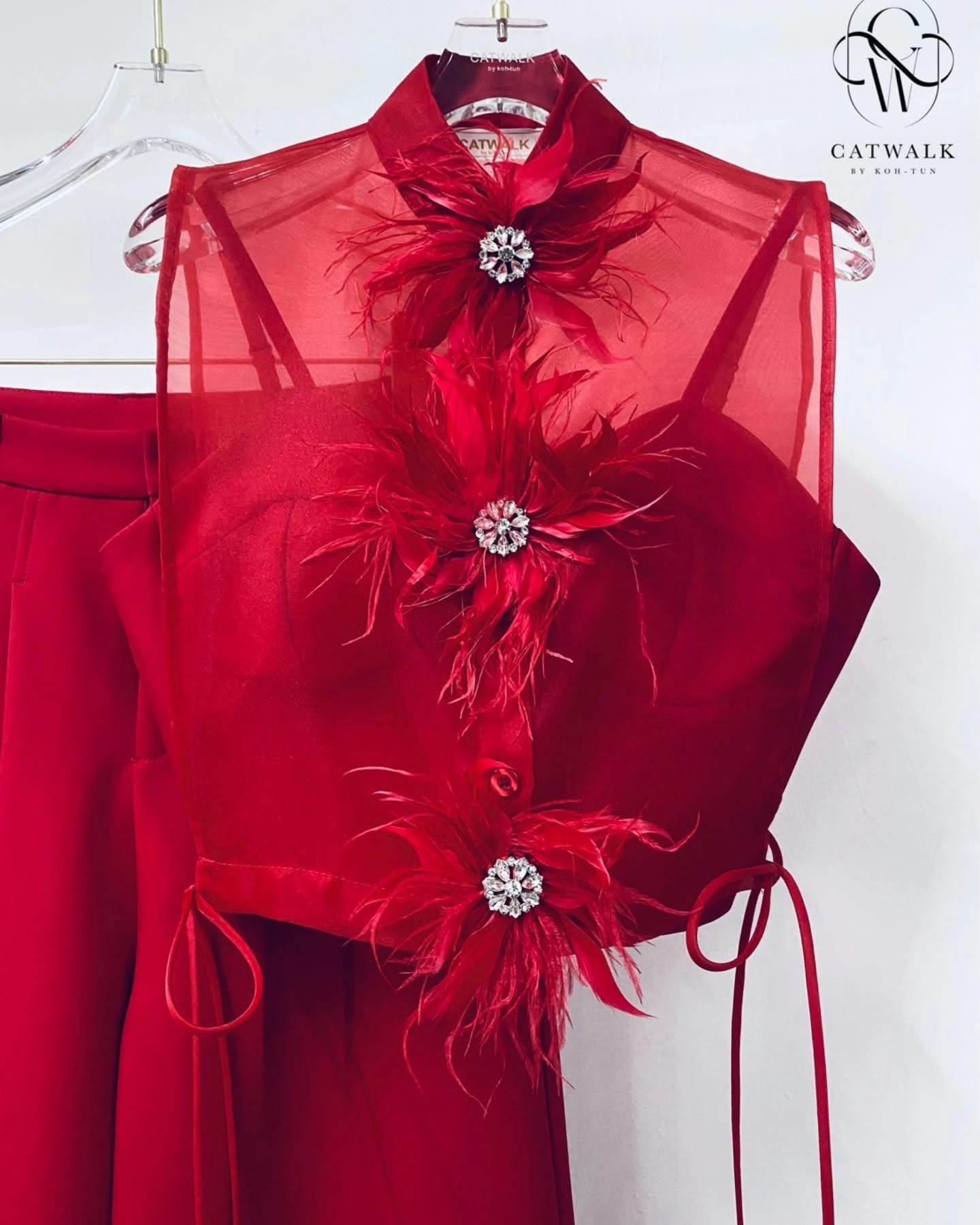 เซตเสื้อครอป 2 ชิ้น แต่งเข็มกลัดขนนก + กางเกงขาบาน เนื้อผ้าเกรดเอ ใส่สบาย : สินค้าคุณภาพ (พร้อมส่ง)