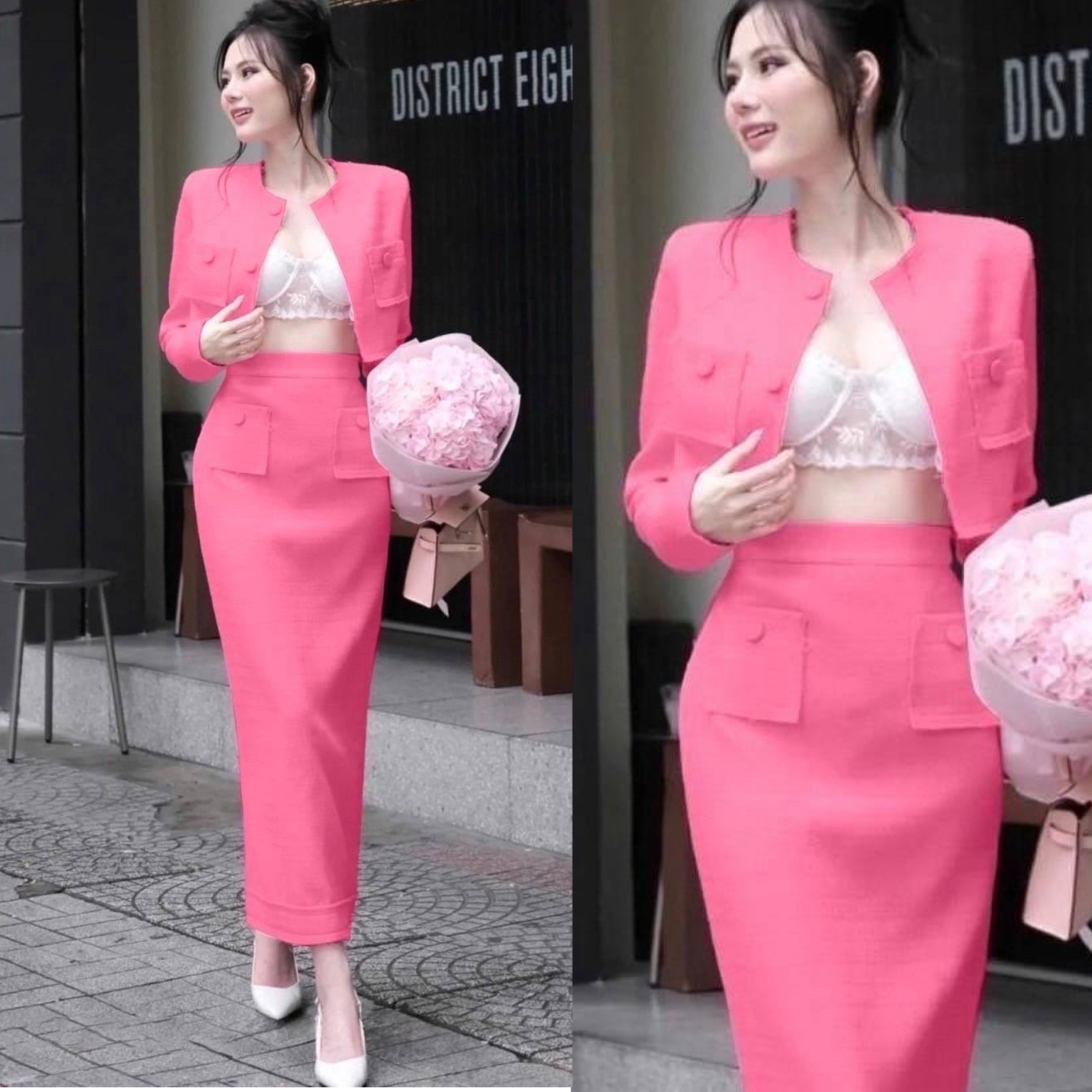 Set 3 ชิ้น สีชมพูเสื้อครอปบรา ลูกไม้สีขาวสายสปาเกตตี้ มาพร้อมกับเสื้อคลุม สีชมพูตัวสั้นคอกลมแขนยาว มีกระดุมหน้าใช้ งานได้จริง มีกระเป๋าตรงอกและมาคู่กับกระโปรง ยาวทรงสอบเอวสูงซิปด้านหลัง เพิ่มความน่ารัก ด้วยกระเป๋าตรงสะโพกด้านหน้า และดีเทลผ่า หลัง ใส่สบาย