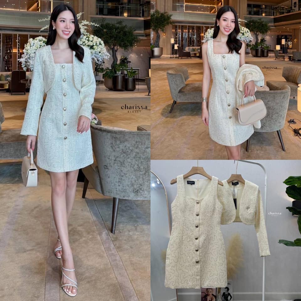 เซ็ท 3 ชิ้น เดรสทวิต+เสื้อครอปทรงน่ารักกกก (แถมฟรีเข็มกลัดดอกไม้) ใส่สบาย : สินค้าคุณภาพ (พร้อมส่ง)