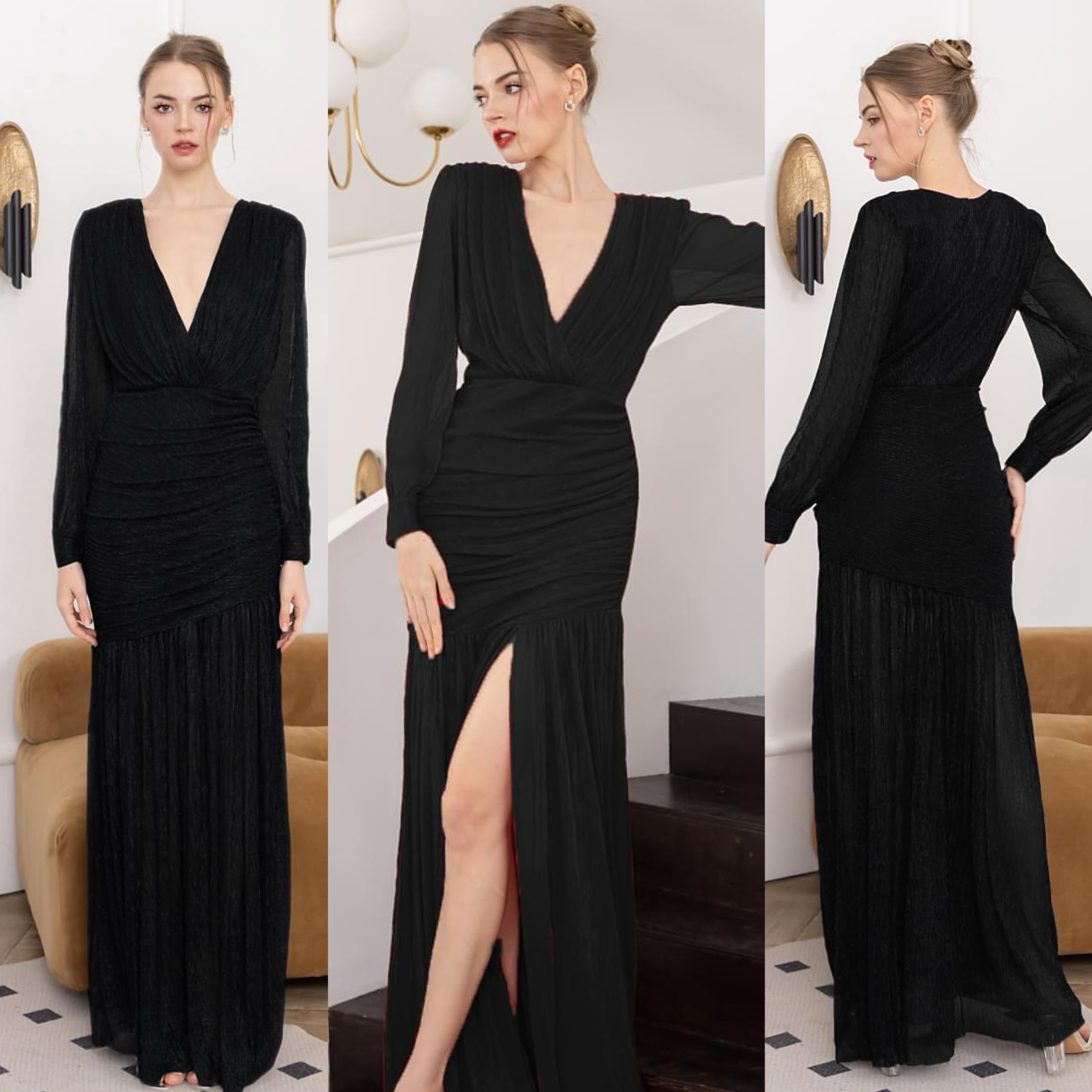 แม็กซี่เดรสเสื้อคอวีป้าย แขนยาวเสริมไหล่ กระโปรงจับเดรปย่นเข้ารูปตรงสะโพก ต่อชาย กระโปรงบาน ผ่าหน้าขา ใส่สบาย : สินค้าคุณภาพ (พร้อมส่ง)