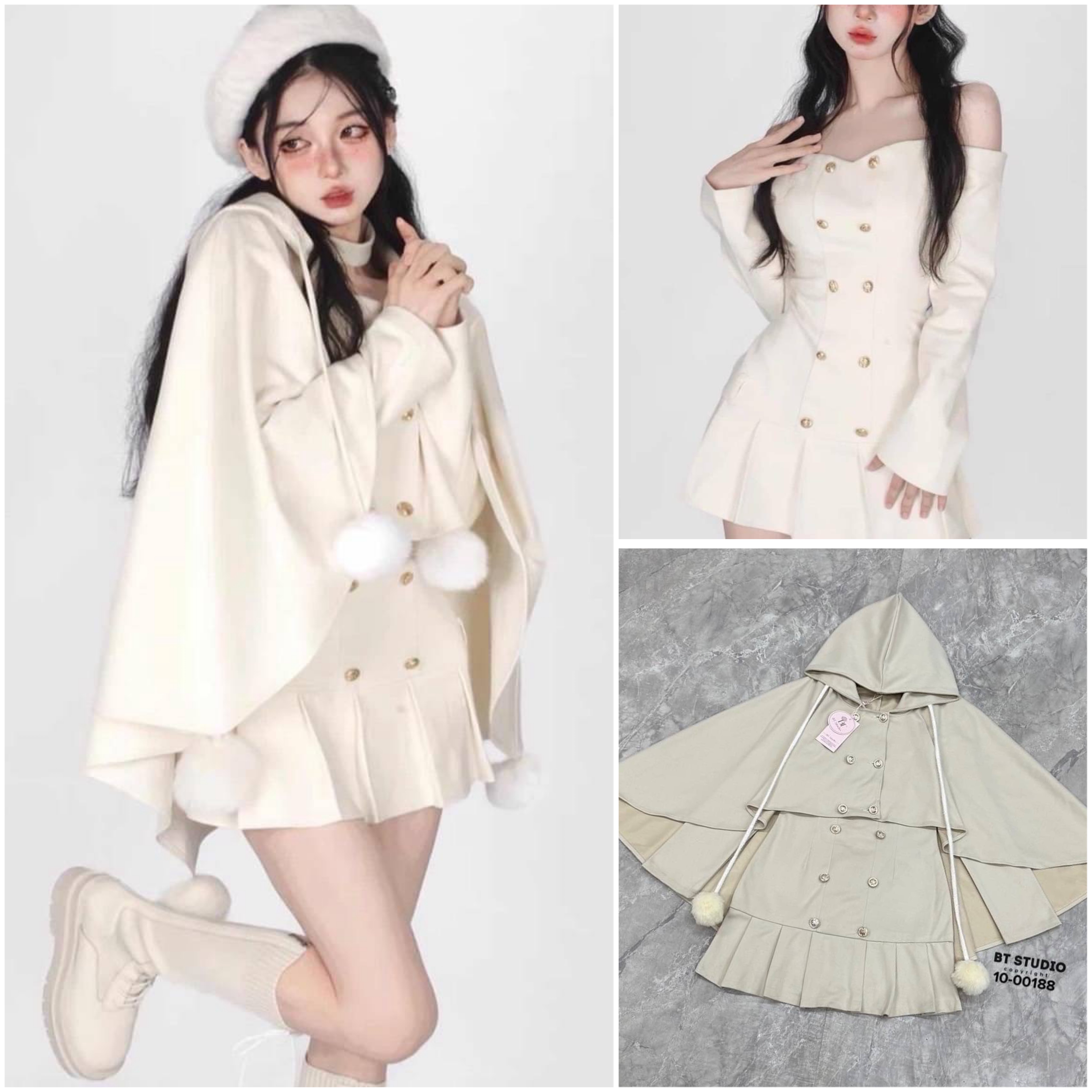 เซท 2 ชิ้น เสื้อคลุมแต่งฮูดกระดุมหน้า หน้าสั้นหลังยาวแต่งสายปอมที่ชายจ้าา แมทซ์กับเดรสสายเดี่ยวปาดไหล่แต่งแขนยาว ใส่สบาย : สินค้าคุณภาพ (พร้อมส่ง)