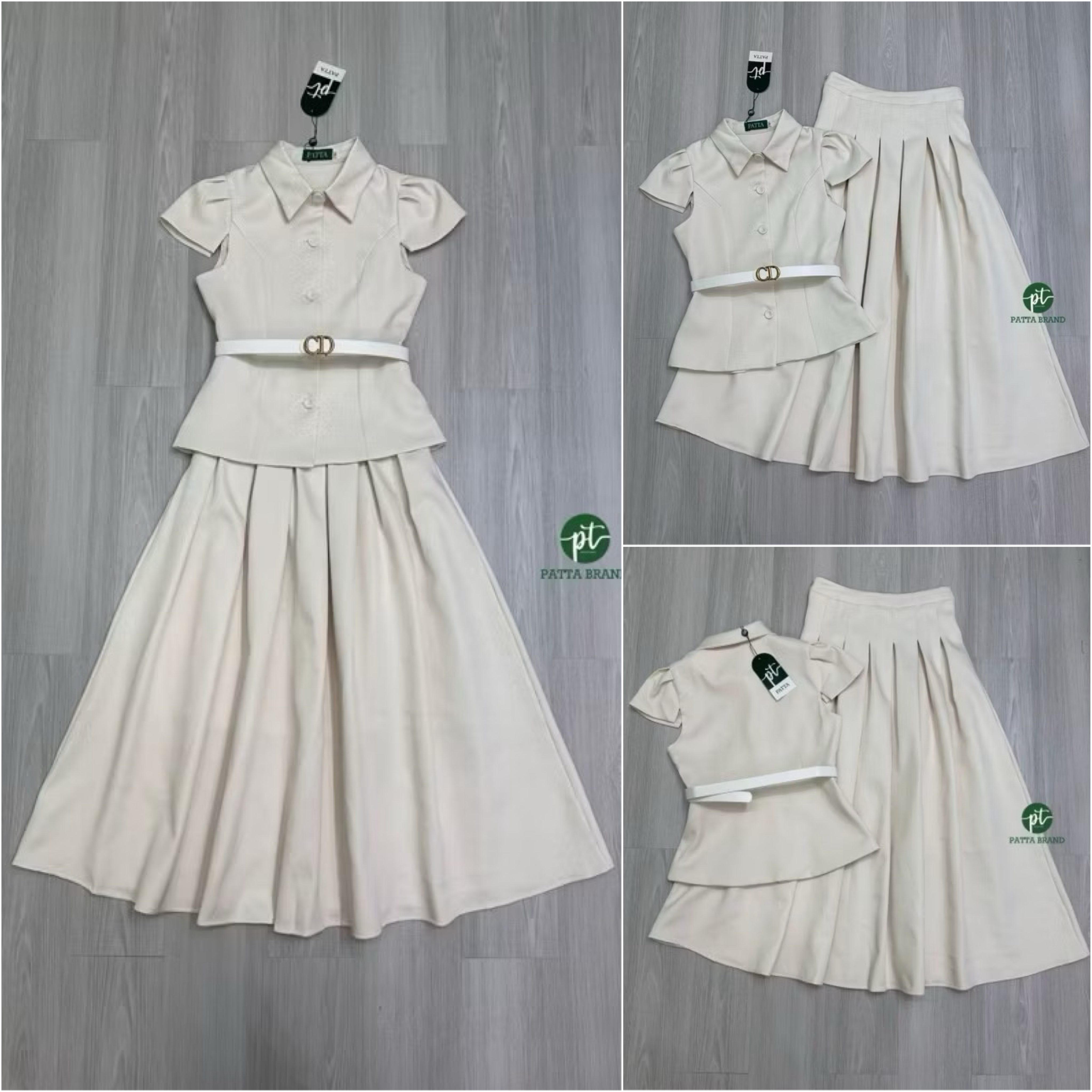 Set 2 ชิ้นเสื้อดีไซน์คอปกแขนสั้น ด้านหน้ามีกระดุมเรียงยาวใช้งานได้จริง ทรงสวย มาคู่กับเข็มขัดสีดำหัวทองใส่ปรับเข้ารูปให้ทรงสวย และมาพร้อมกับกระโปรงยาวจับจีบใหญ่พริ้วรอบตัว มีซิปข้าง ใส่สบาย : สินค้าคุณภาพ (พร้อมส่ง)