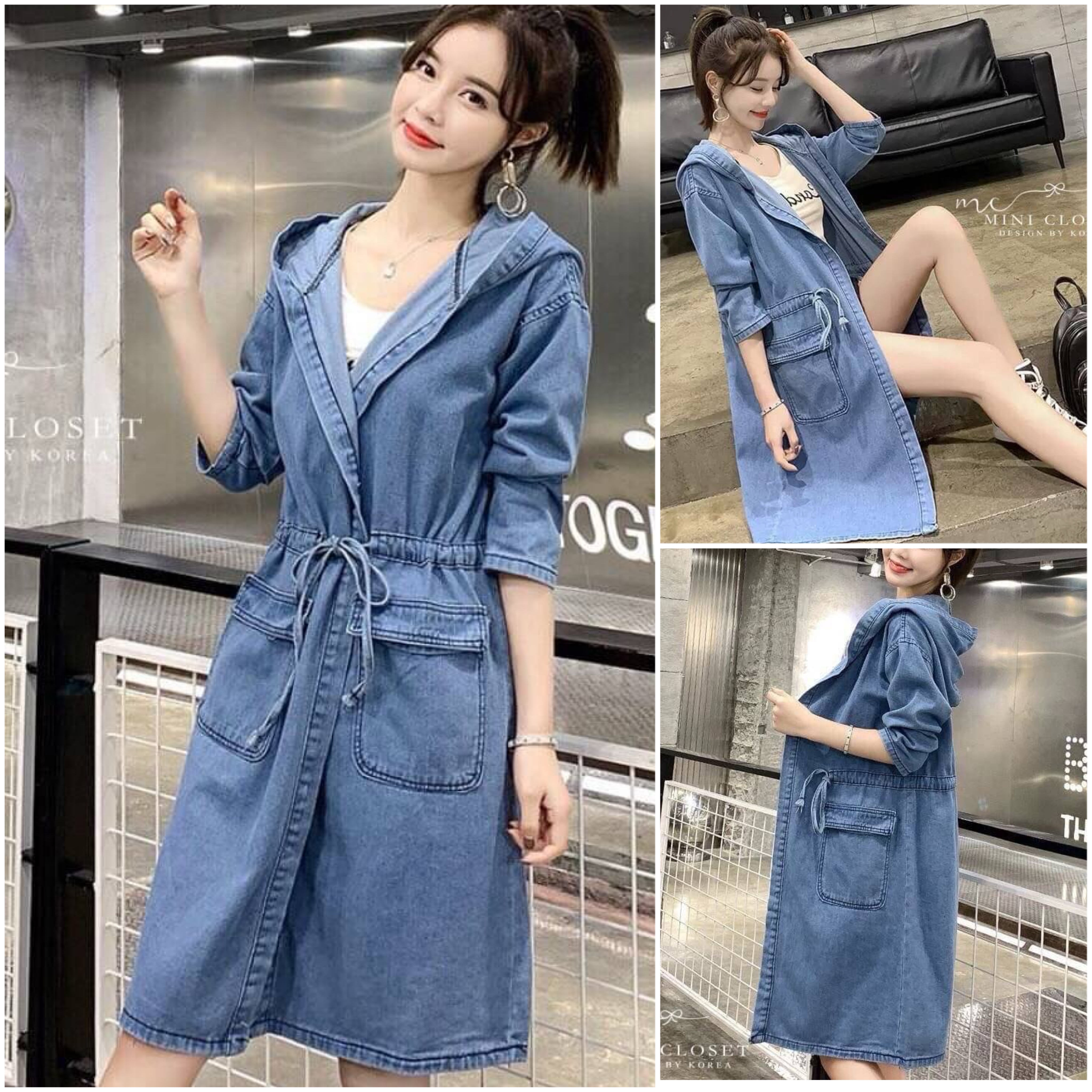 เสื้อคลุมยีนส์ตัวยาว ผ้ายีนส์แท้ มีฮู้ด กระเป๋าข้าง รูดเอวได้.. ใส่สบาย : สินค้าคุณภาพ (พร้อมส่ง)