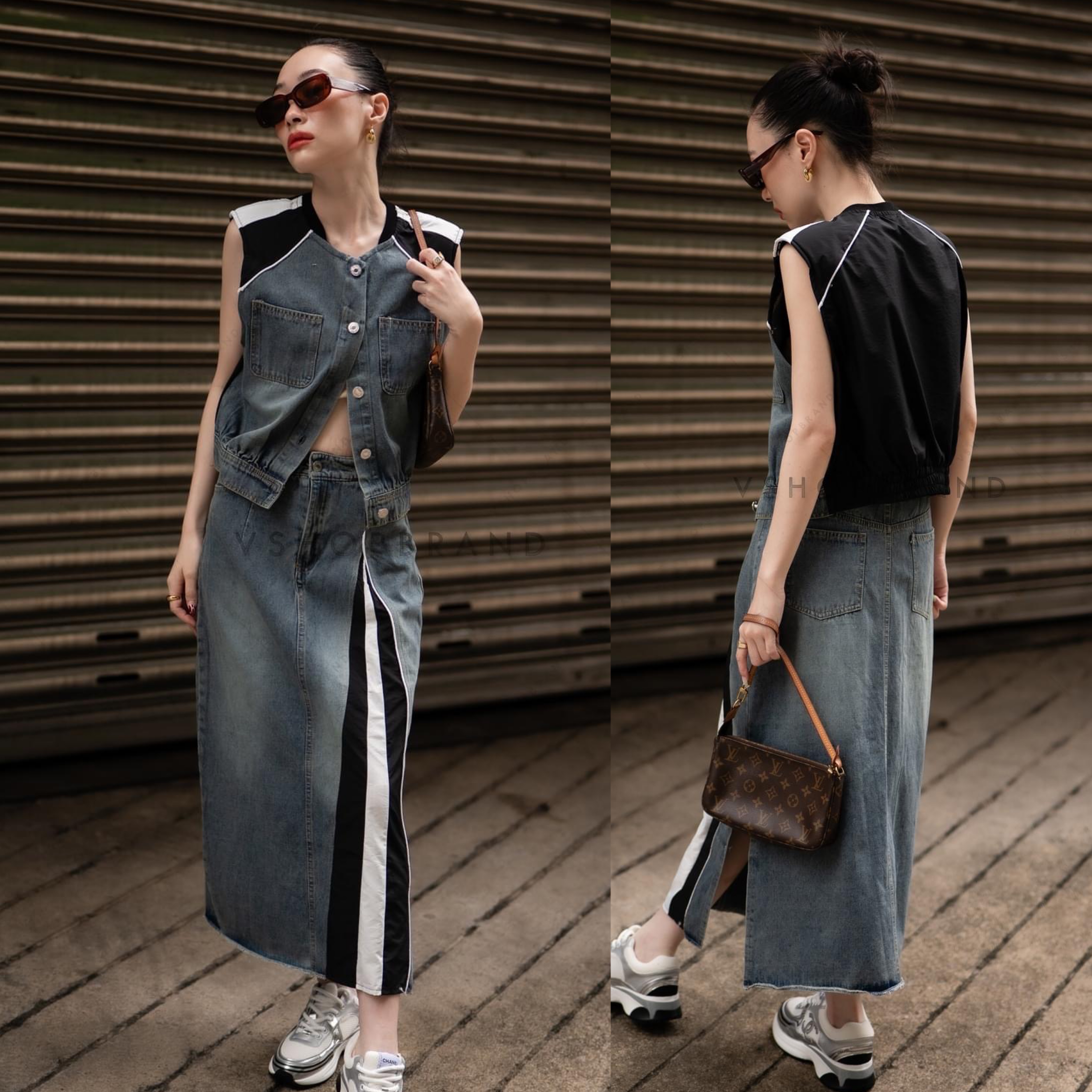 Set เสื้อแขนกุดต่อยีนส์ + กระโปรงยาวแถบหน้า สินค้าคุณภาพ (พร้อมส่ง)