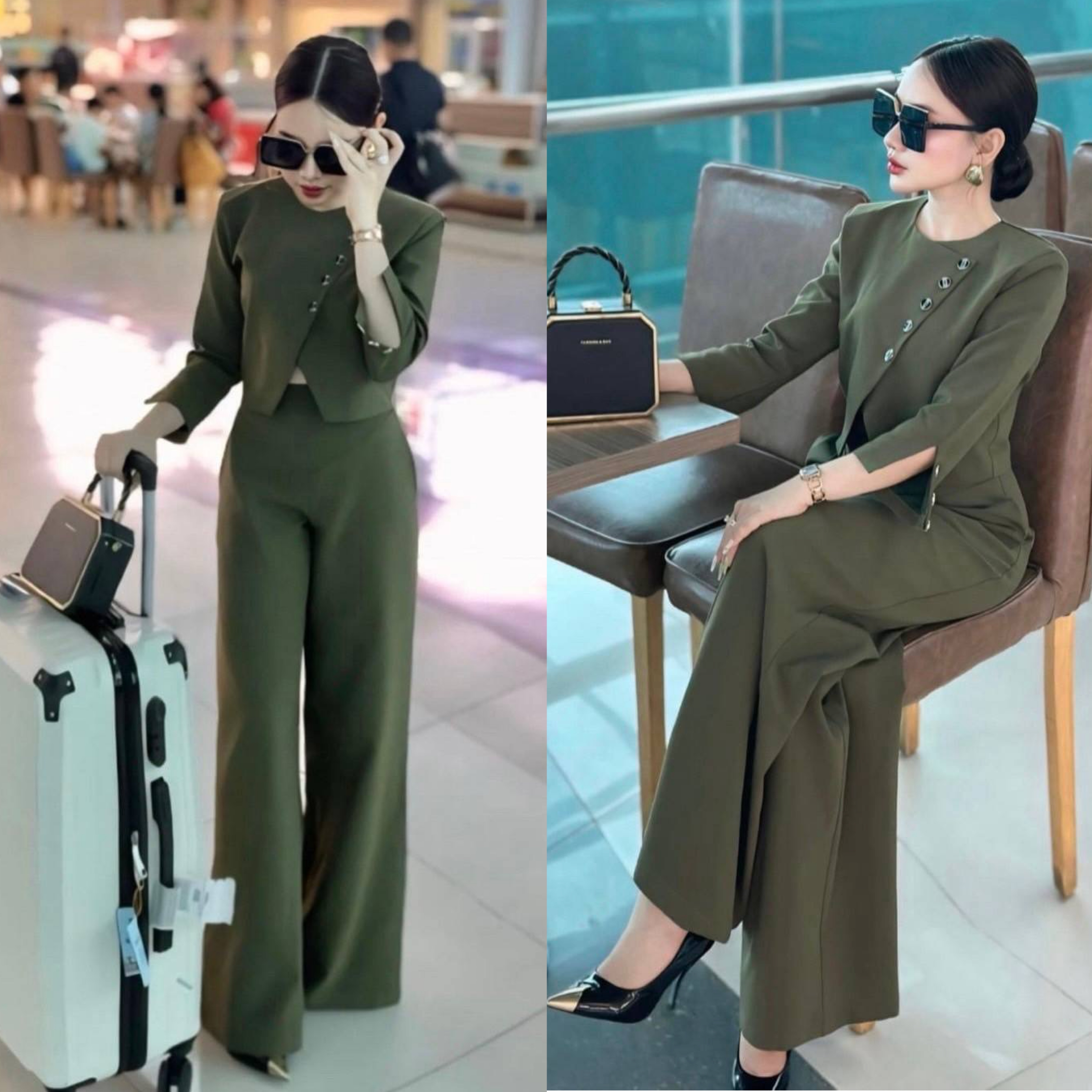 Set 2 ชิ้นสีเขียวขี้ม้า เสื้อครอปคอกลมด้านหน้าแต่งกระดุมเฉียงข้างแหวกหน้าสูง+กางเกงขายาวทรงกระบอกใหญ่ ใส่สบาย : สินค้าคุณภาพ (พร้อมส่ง)