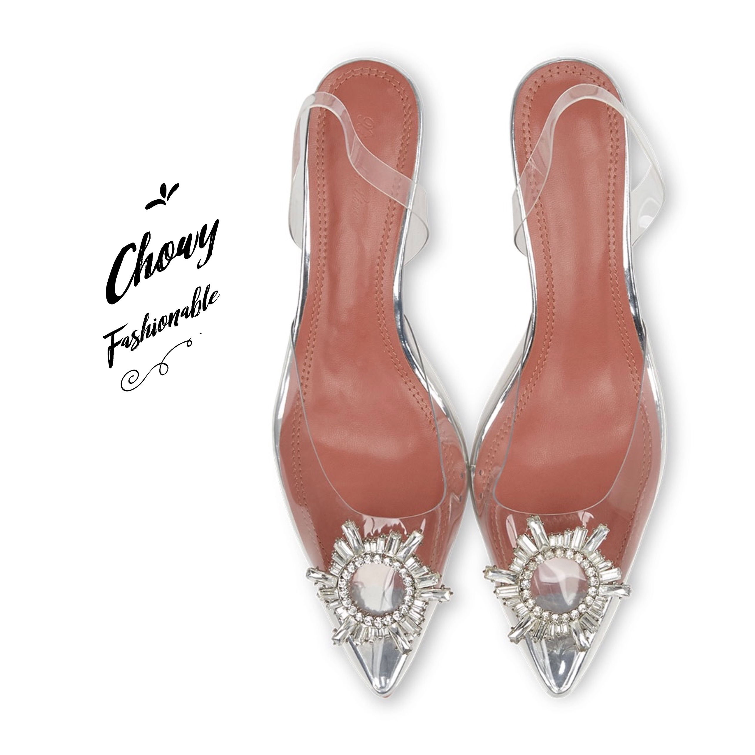 รองเท้าส้นแแก้วใส มีไซส์ใหญ่ 37-45 ทรงหัวแหลม รัดส้น สีใส KR1159