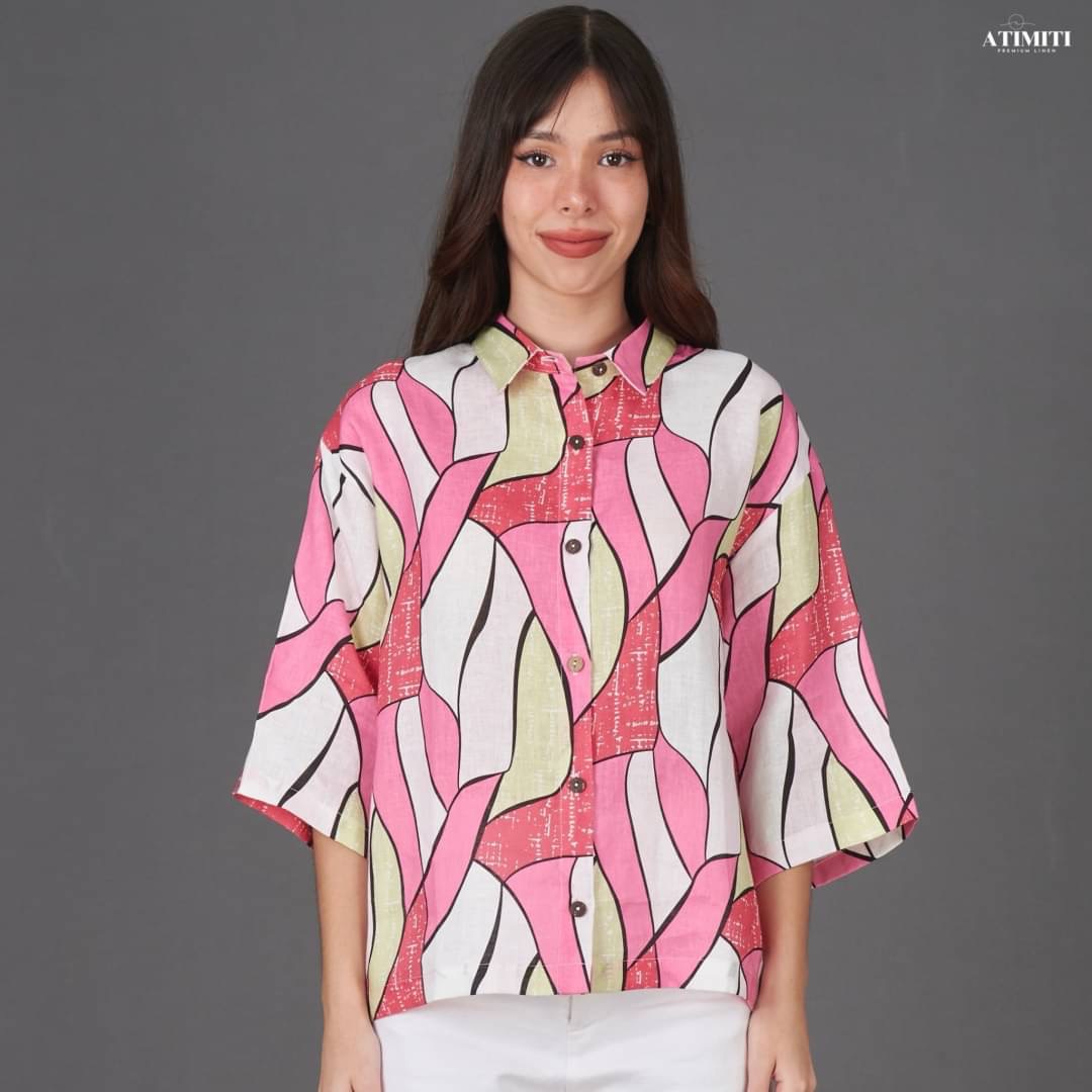 เสื้อเชิ้ตแขนสามส่วน ลินินแท้ 100% ลายกราฟิกสุดชิค ใส่สบาย : สินค้าคุณภาพ (พร้อมส่ง)