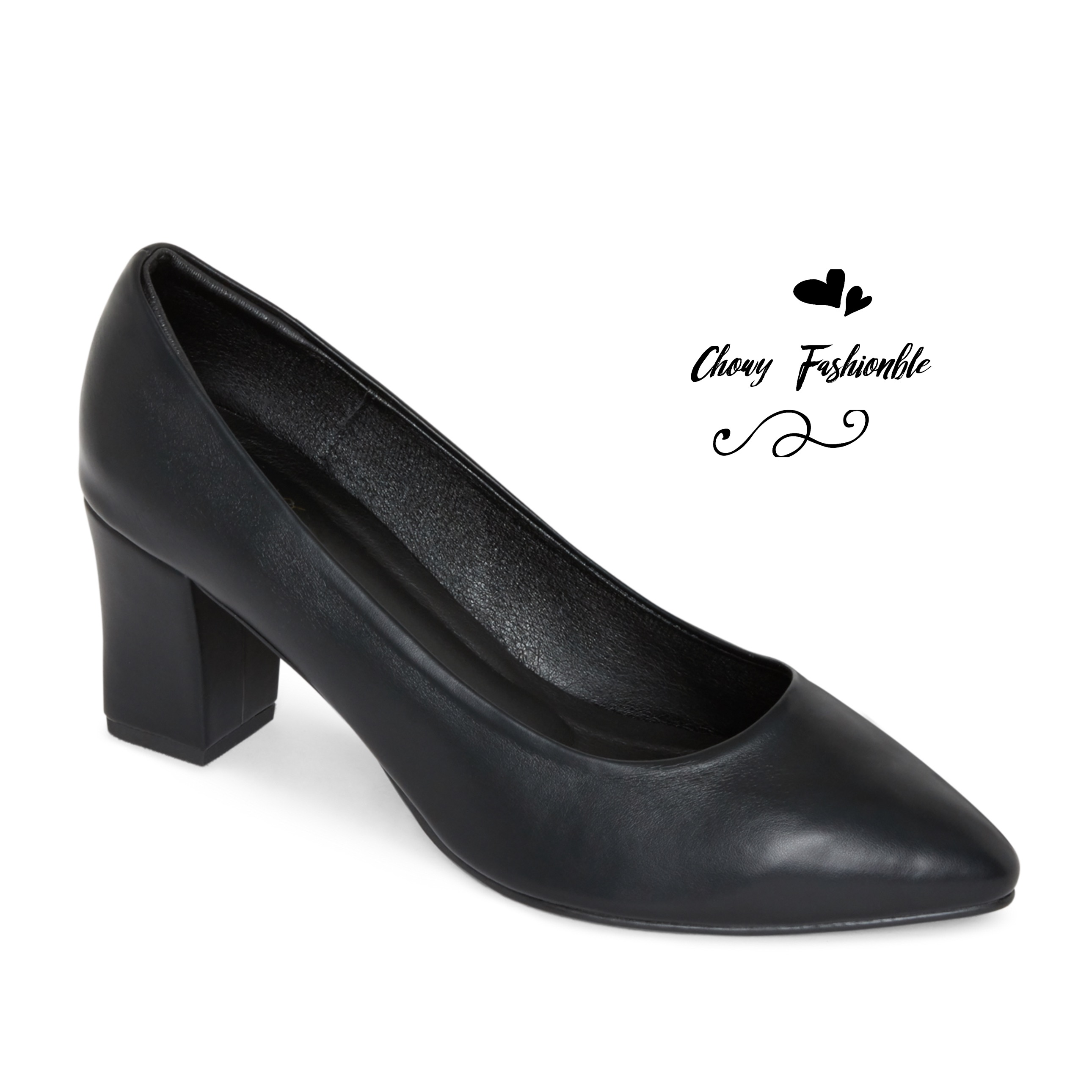 CHOWY รองเท้าคัชชูส้นเตี้ย ไซส์ 37-50 สูง 2.5” ปลายแหลม คัชชูส้นเตี้ยไซส์ใหญ่ หน้ากว้างพิเศษ บุฟองน้ำนุ่ม สีดำ CH0162BL