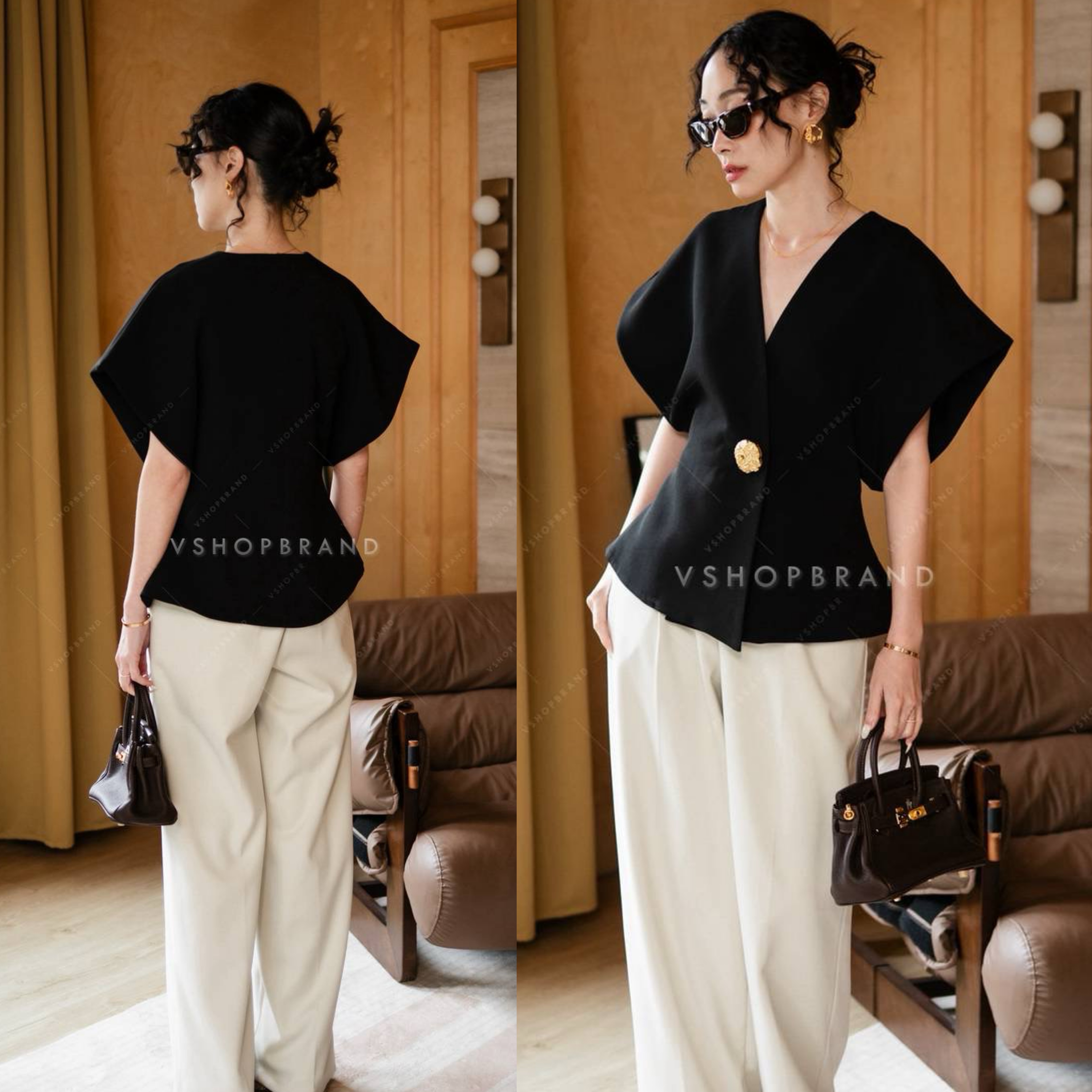 เสื้อแขนทรงแขนไหล่ล้ำกระดุมทอง ใส่สบาย : สินค้าคุณภาพ (พร้อมส่ง)