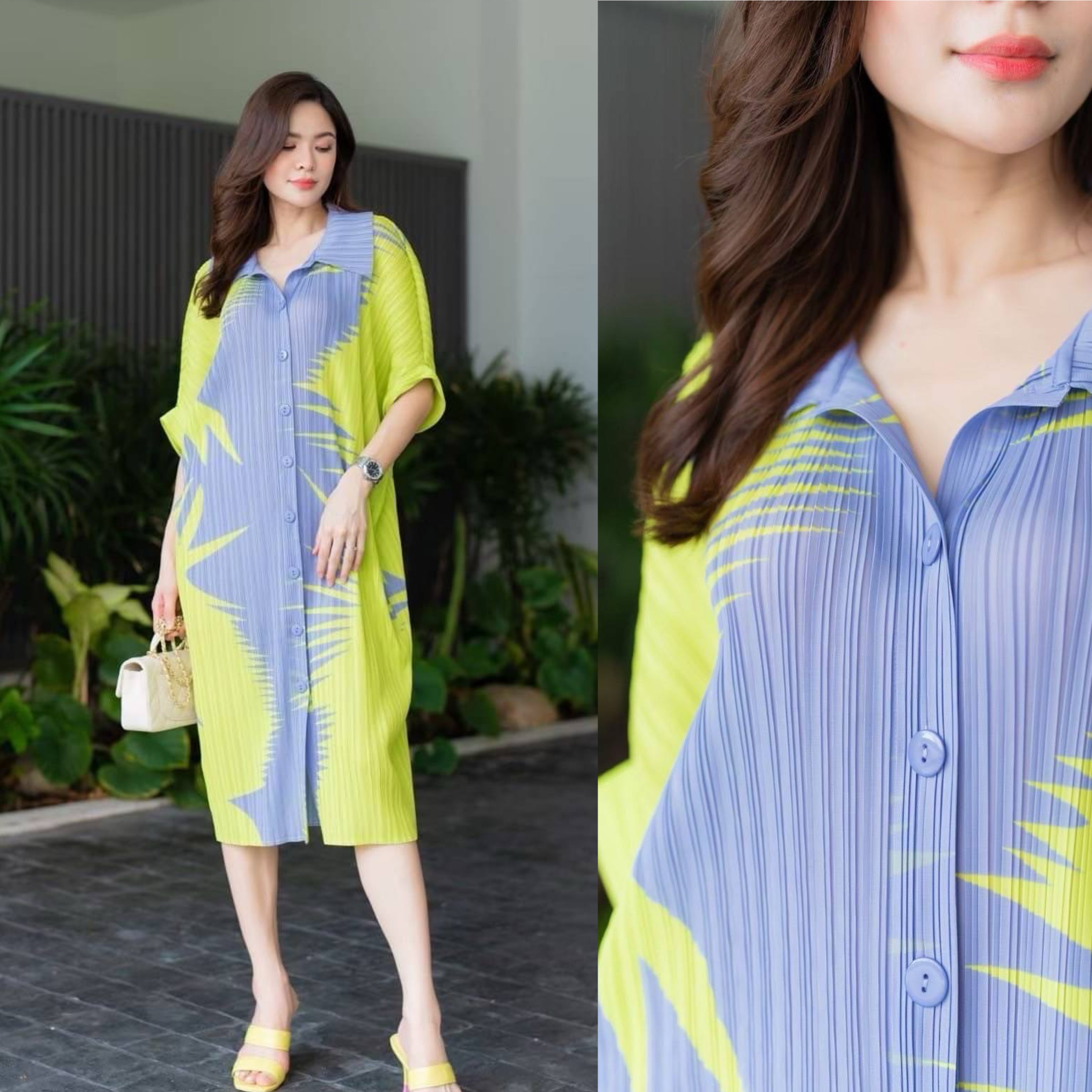 เดรสพลีทตัวยาวคอปกใหญ่ ทรงไหล่ล้ำ พับแขนเบิ้ล เกร๋กรู๊ดดด งานอัดพลีท 100% พลีท AA Premium ลายกราฟฟิค งานสวย ใส่สบาย : สินค้าคุณภาพ (พร้อมส่ง)