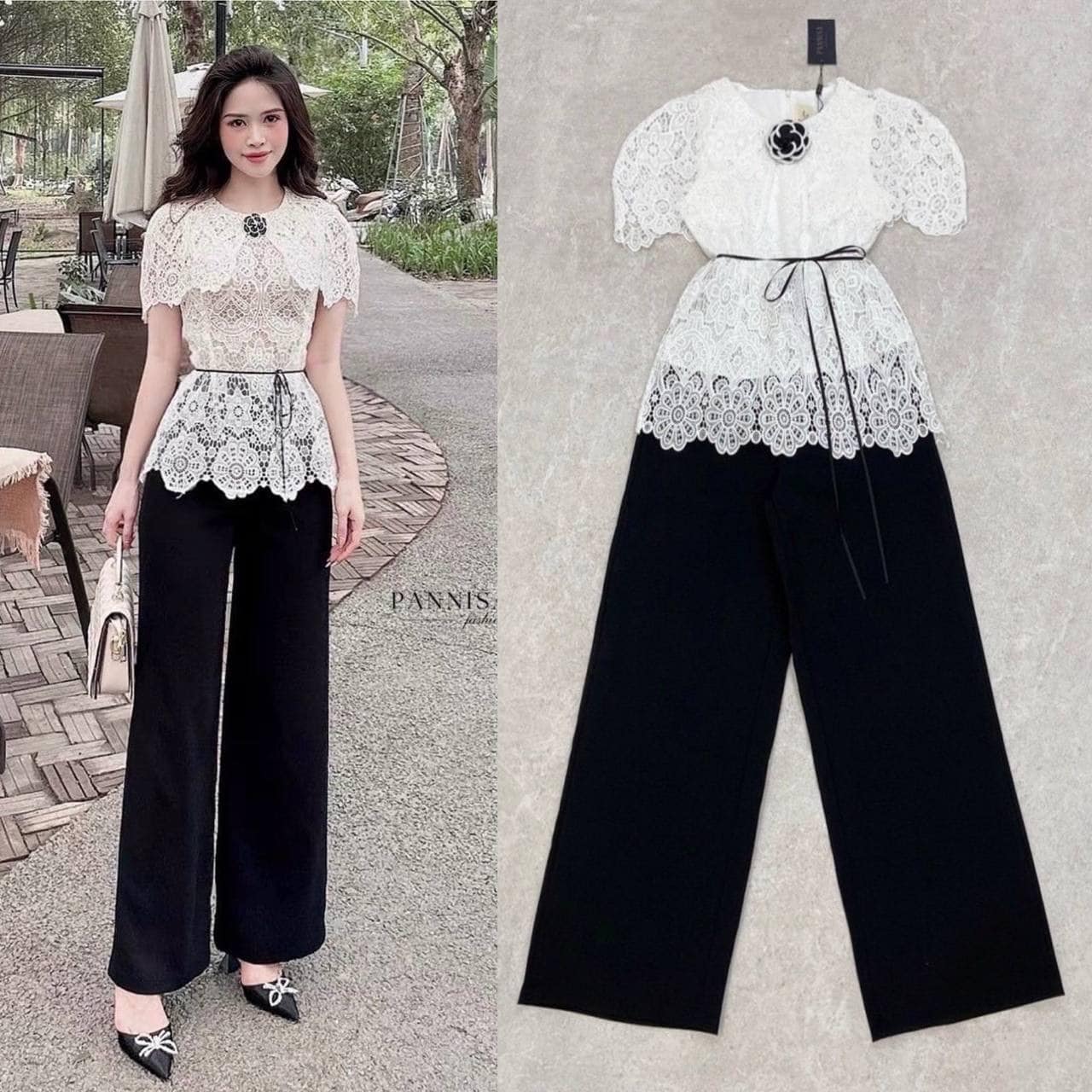 เซต เสื้อลูกไม้ขาว สุดหรู แต่งระบายคอ งานสวยมาก มีซับพร้อม งานซิปหลัง มาพร้อมกับกางเกงดำ ผ้าดี ใส่สบายสุดๆ มีซับให้+ เข็มกลัดดอกไม้กับเชือกผูกเอว ใส่สบาย : สินค้าคุณภาพ (พร้อมส่ง)