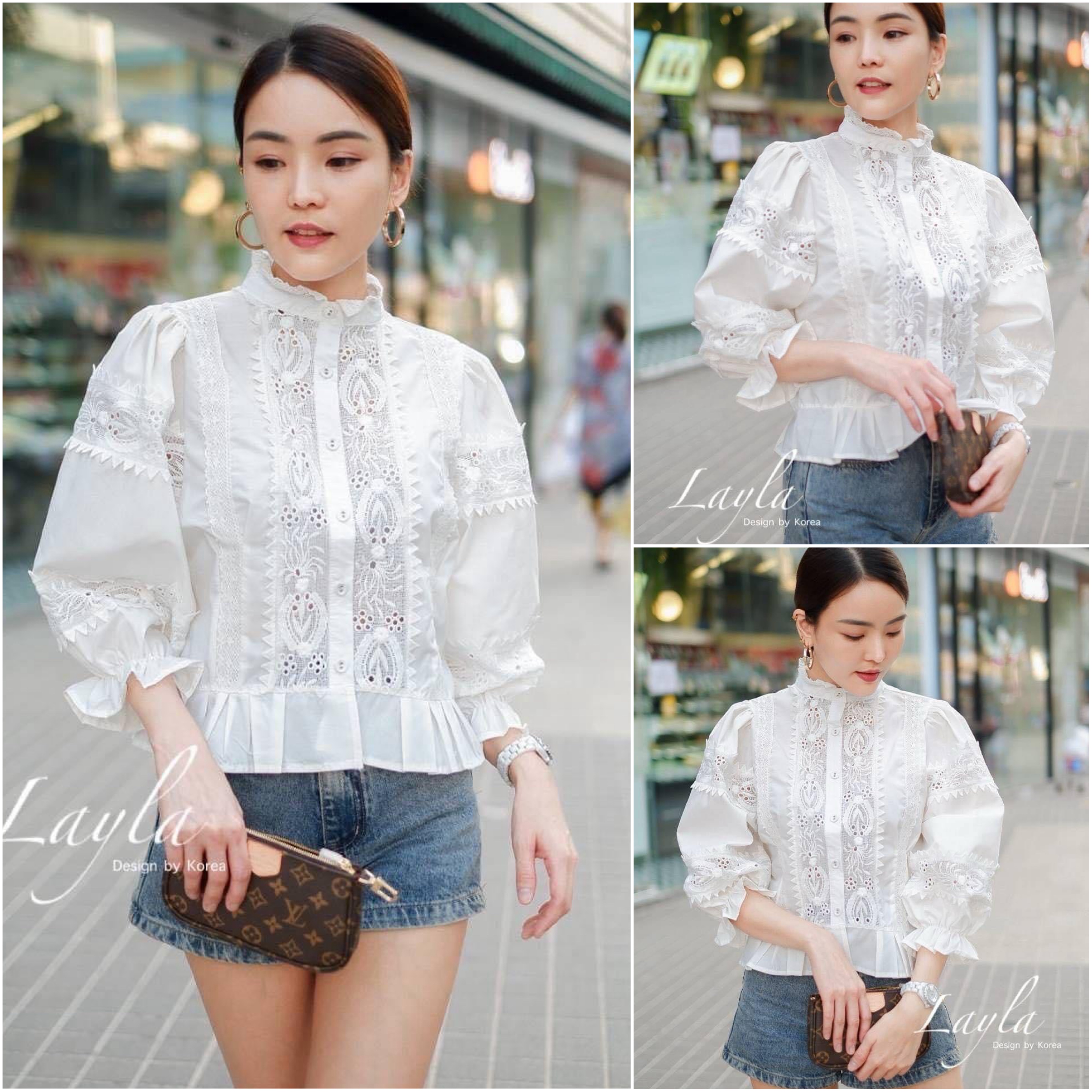 เสื้อเชิ้ตคอตตอนคอปีนแต่งลูกไม้ ปักสวยๆ ดีเทลแน่น ทรงแขนพอง งานสวยหรูอลังกาลมากค่ะ ใส่สบาย : สินค้าคุณภาพ (พร้อมส่ง)