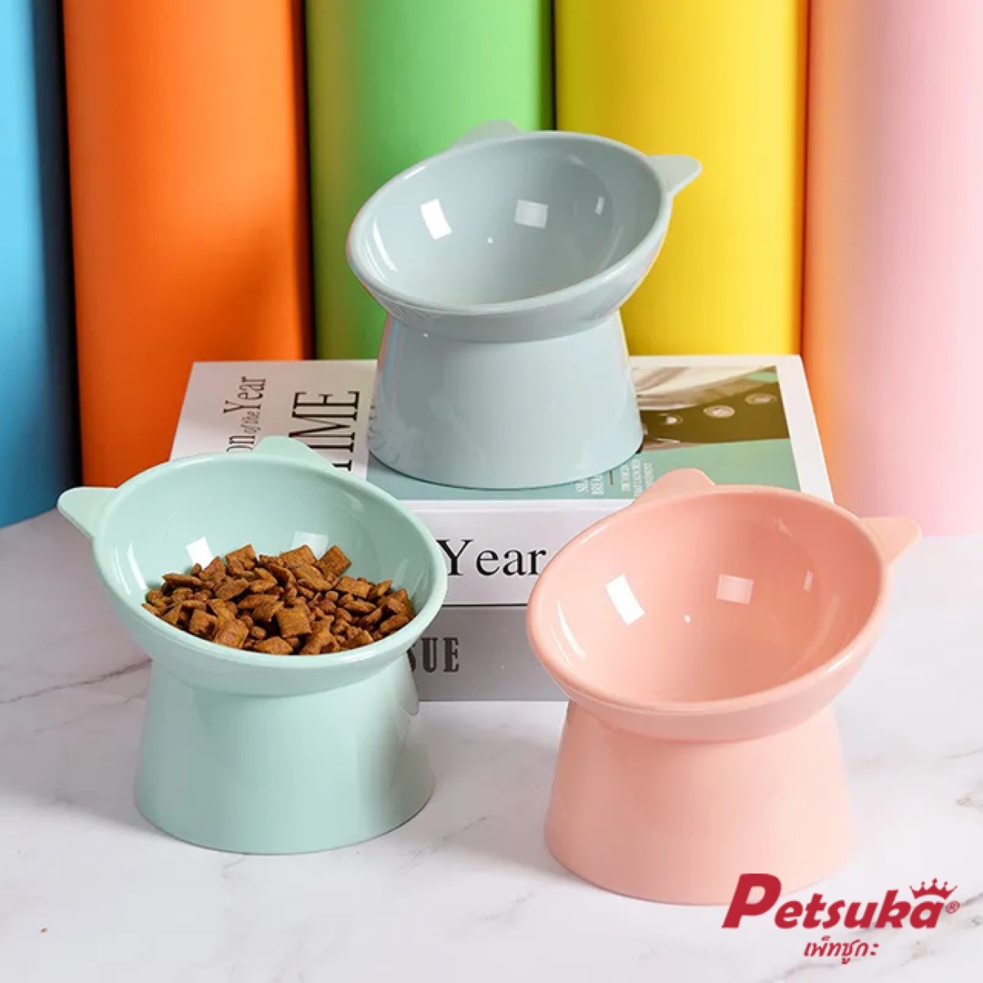 ชามอาหารสัตว์เลี้ยง Petsuka สำหรับสุนัขและแมว ดีไซน์โมเดิร์นรูปแมว สีชมพู