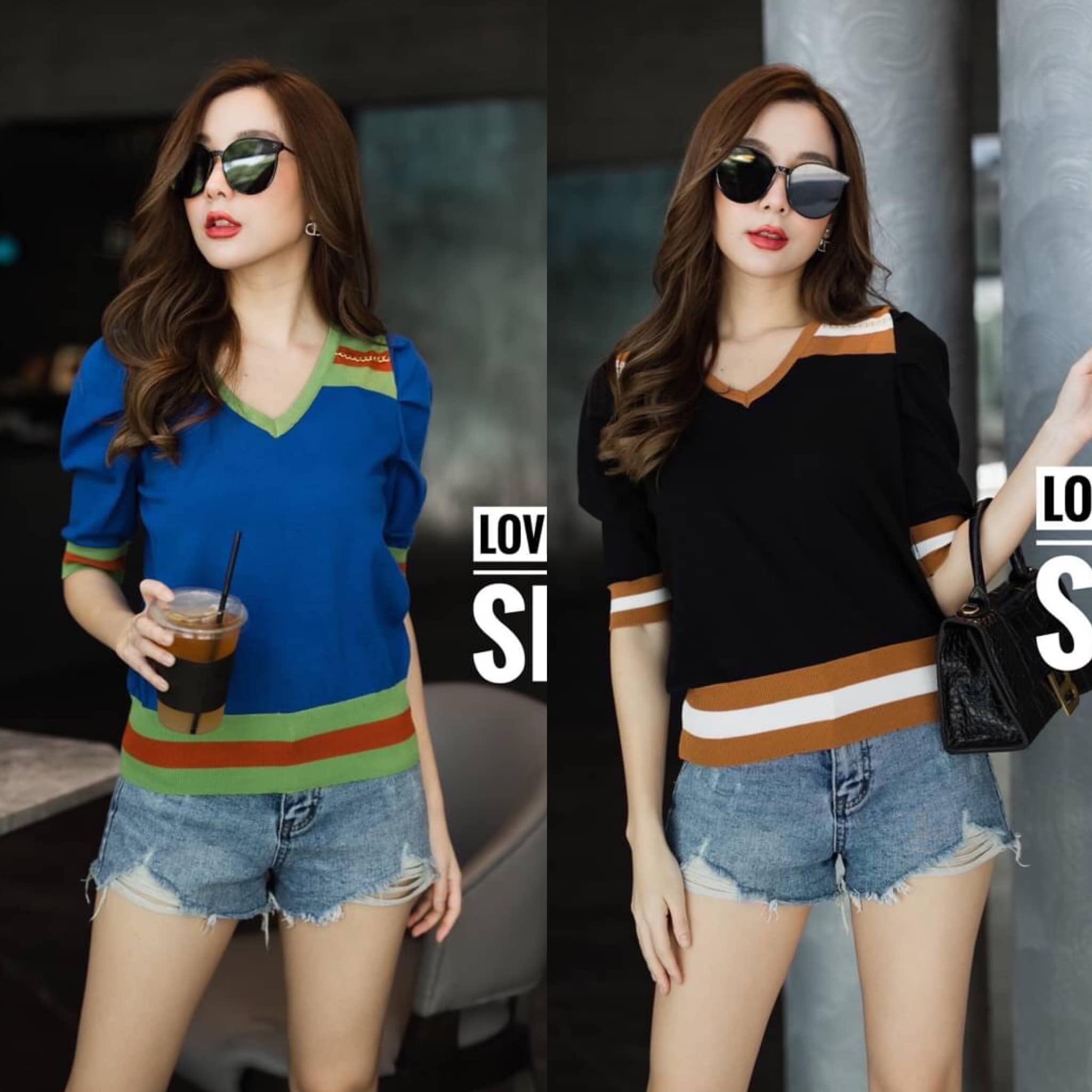 เสื้อ knit เนื้อบ้างทอลายตัดสี แต่งแขนตุ๊กตา ช่วงไหล่แต่ง สายโซ่สีทอง ใส่ออกมาน่ารักค่า : สินค้าคุณภาพ (พร้อมส่ง)