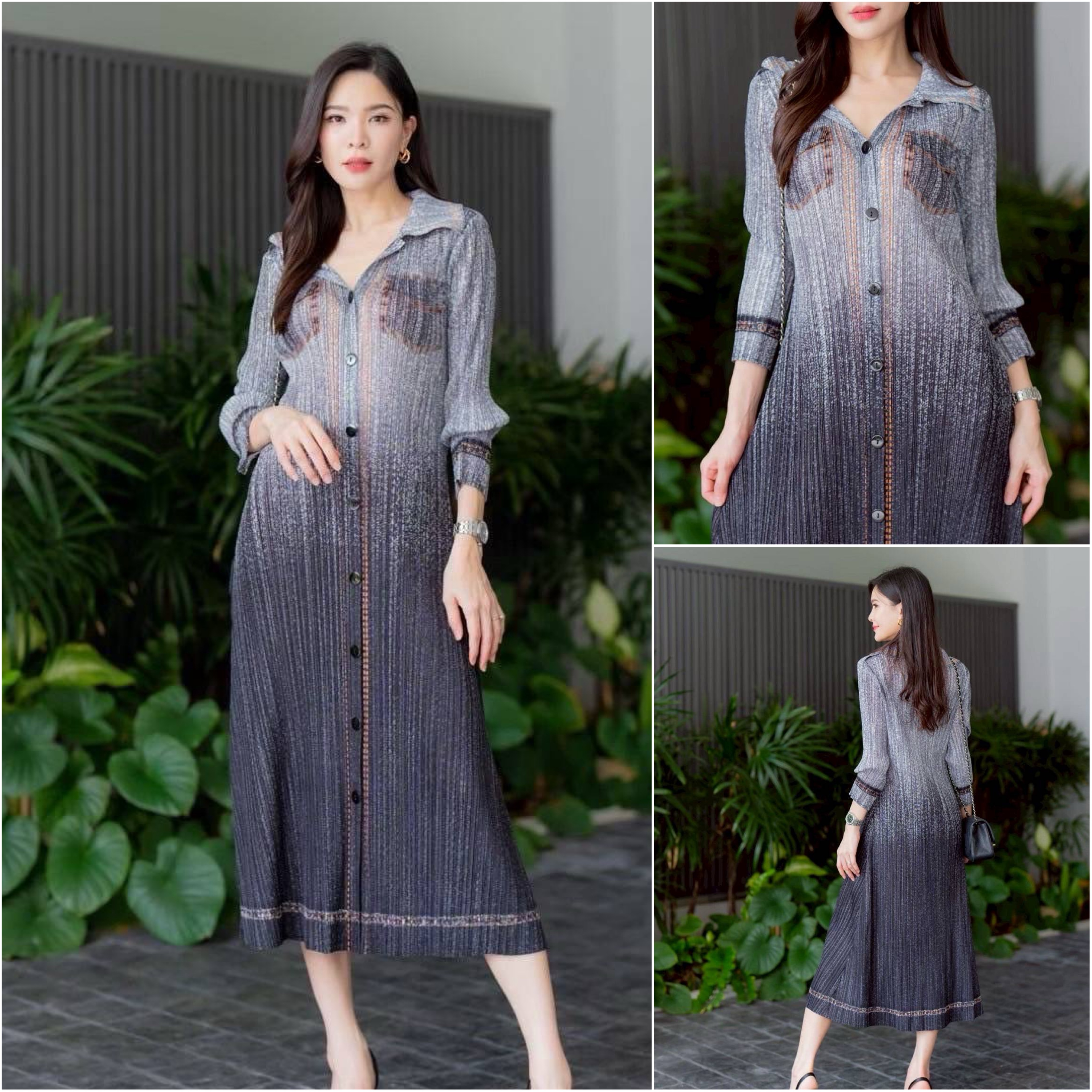 เดรสคลุมเข่า ทรงคอปก แขนสั้น แพทเทิร์นอัดพลีทเข้าเคิร์ฟ ทรงสวย Premium 👍🏻 พิมพ์ลายยีนส์ ทั้งตัว ดีเทลแน่นๆ ใส่สบาย : สินค้าคุณภาพ (พร้อมส่ง)