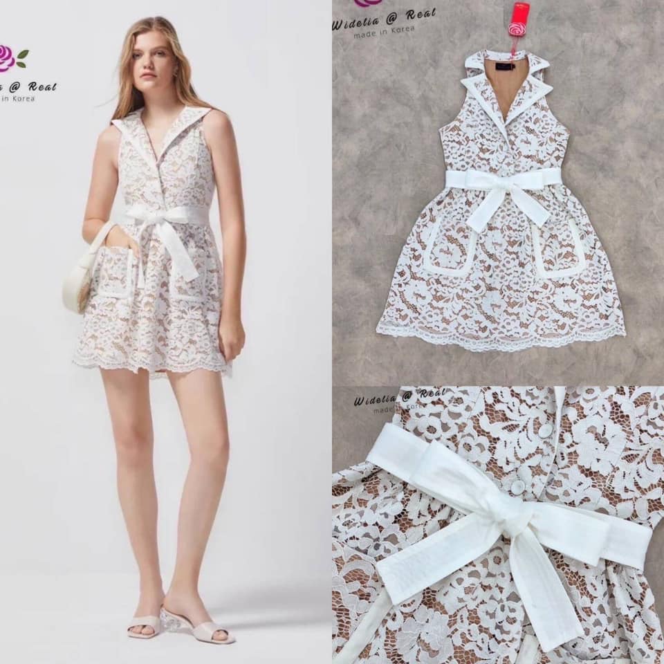 เดรสแขนกุดคอปกเชิ๊ตสุดเก๋ ตัวชุดเลือกใช้ผ้าลูกไม้เนื้อสวย ลายเก๋โดดเด่น ซับในสวยด้วยสีนู๊ดทำให้เห็นลายลูกไม้โดดเด่น ใส่สบาย : สินค้าคุณภาพ (พร้อมส่ง)