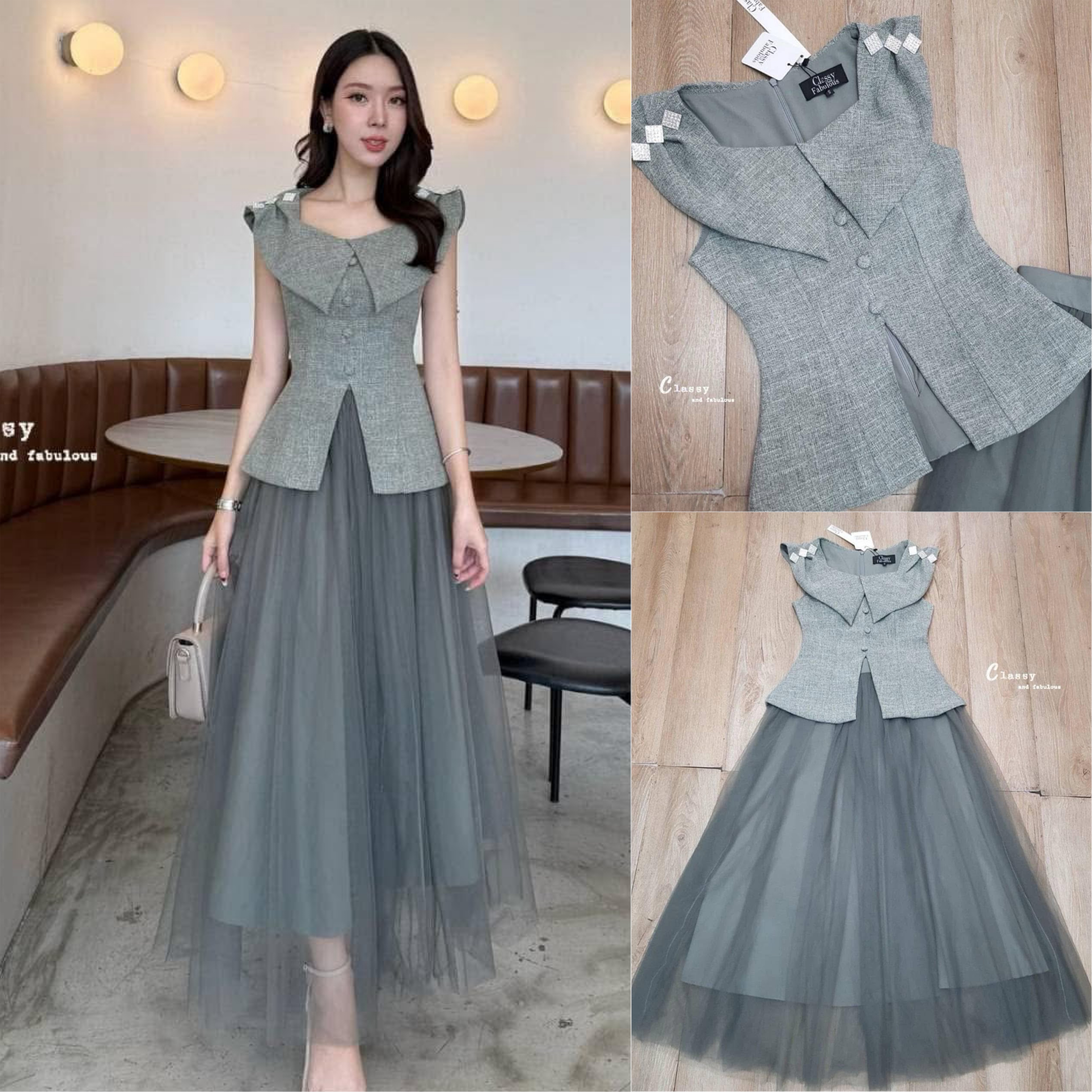 Set เสื้อผ้าทวิต designเก๋ม่ก คอปกทรงคอตัววี มีเพชรที่ไหล่ และทรงเสื้อผ่าหน้าตรงปลายเสื้อเล็กน้อย+ กระโปรงยาวทรงสวยมากๆ ชุดนี้ดูแพง classy สุดๆค่ะ ใส่สบาย : สินค้าคุณภาพ (พร้อมส่ง)