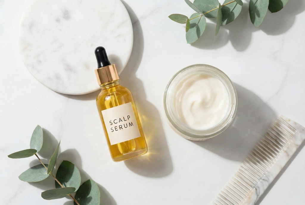 ภาพวางเปรียบเทียบขวดเซรั่มหยดหนังศีรษะ กับกระปุกครีมหมักผม