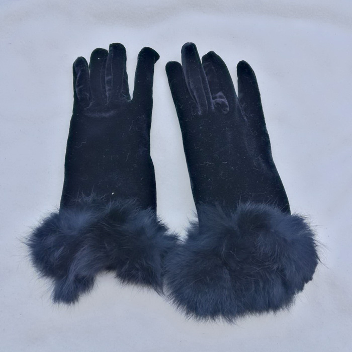 ถุงมือผ้ากำมะหยี่ แต่งเฟอร์กระต่ายแท้