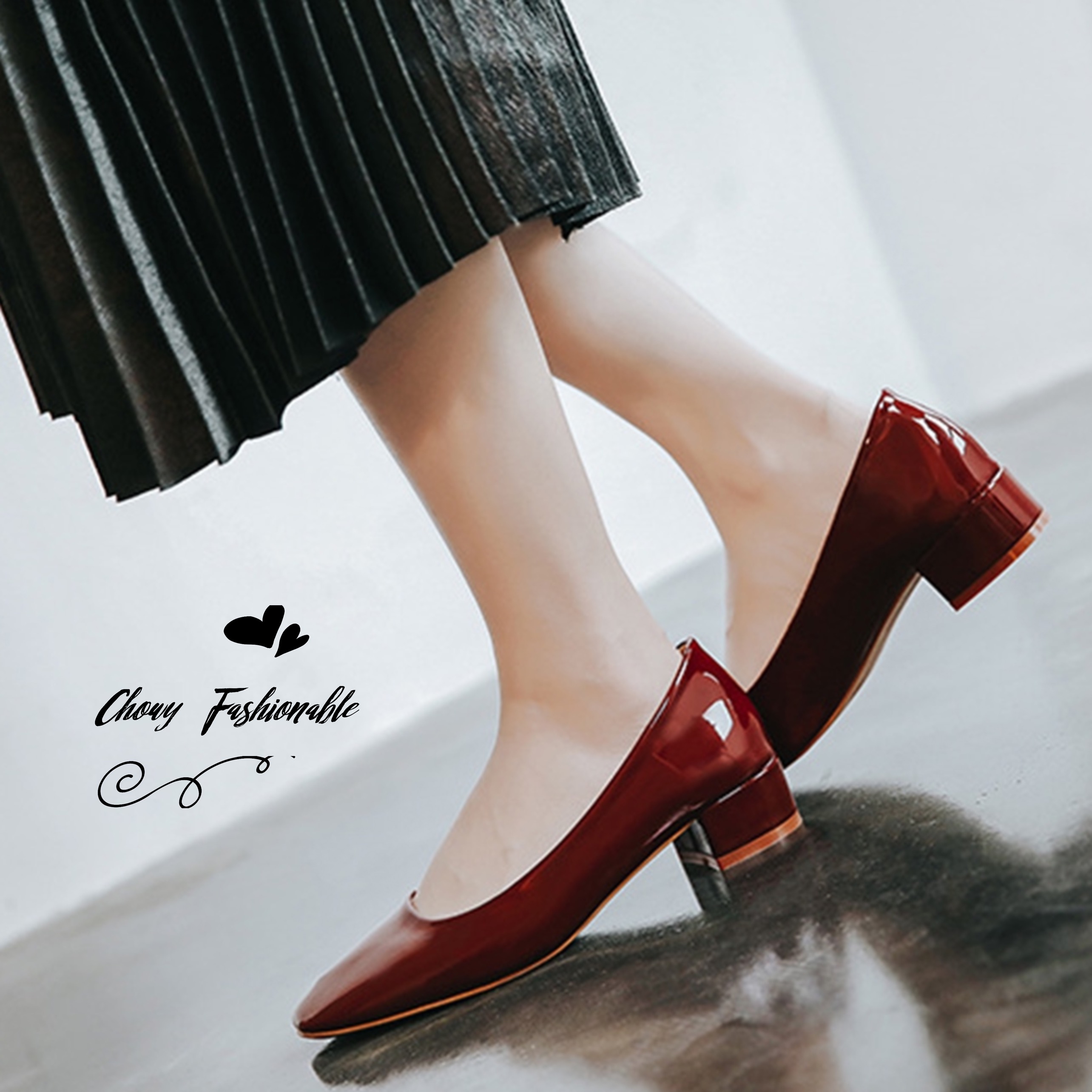 รองเท้าไซส์ใหญ่ 42-43 EU ไซส์ยุโรป ส้นเตี้ยไซส์ใหญ่ หัวตัดเหลี่ยม สีไวน์แดง Chowy KR1068WD