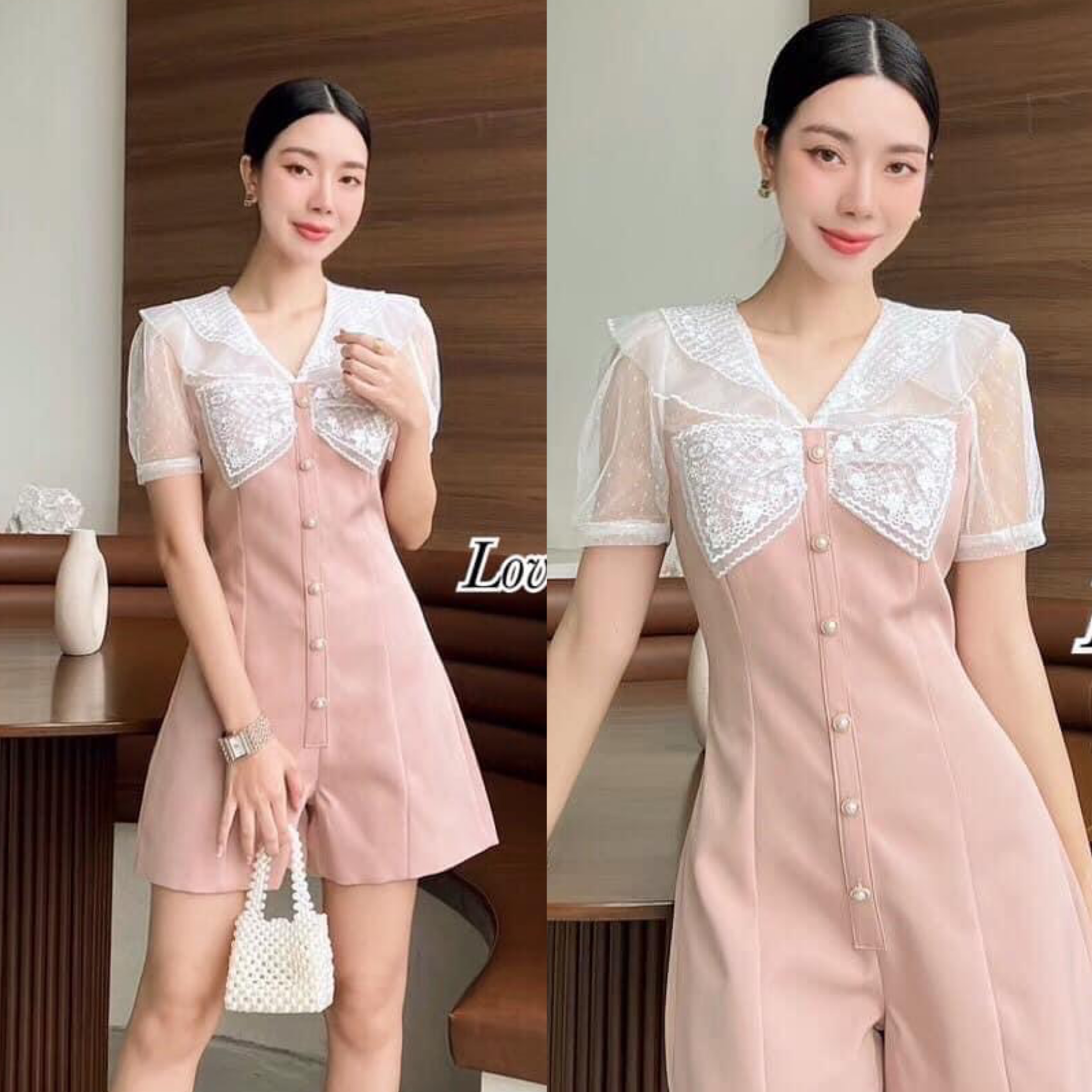 จั้มสูทกางเกงขาสั้น ดีเทลช่วงบนเป็นผ้าลูกไม้เนื้อนุ่ม คอปกน่ารัก ช่วงอกแต่งโบว์ ช่วงกางเกงเป็นผ้าพื้นอัดผ้ากาวอย่างดี สินค้าคุณภาพ (พร้อมส่ง)