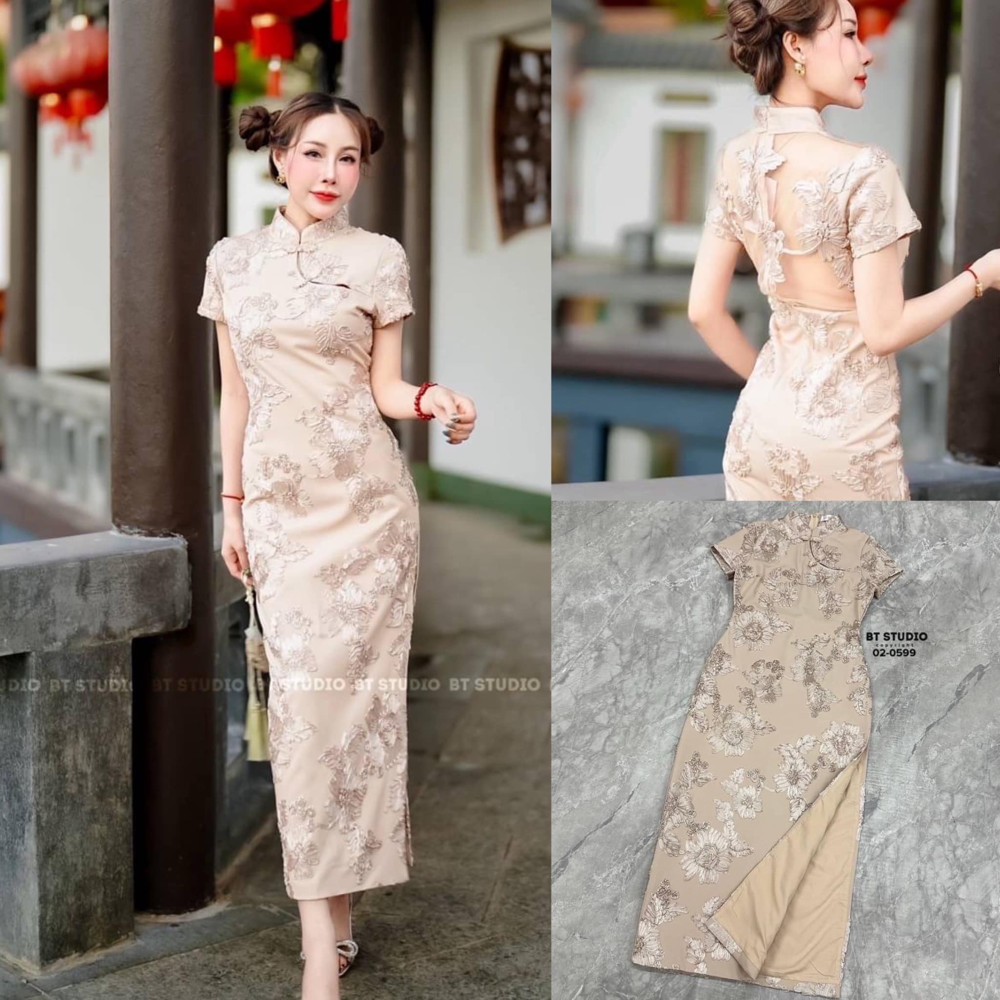 เดรสกี่เพ้าคอจีนแขนสั้น ผ่าด้านข้าง งานปัก แน่น ๆ ทั้งชุด งานสวยมากก ด้านหลังแต่ซีทรูครึ่ง แผ่นหลัง ใส่แล้วเรียบหรู ใส่สบาย สินค้าคุณภาพ (พร้อมส่ง)