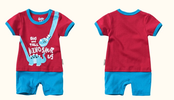 ชุดจั๊มสูทเด็ก แบรนด์แท้ Cuddle me ขนาด 6M, 9M, 12M ลายไดโนเสาร์ สีแดงสลับฟ้าสดใส