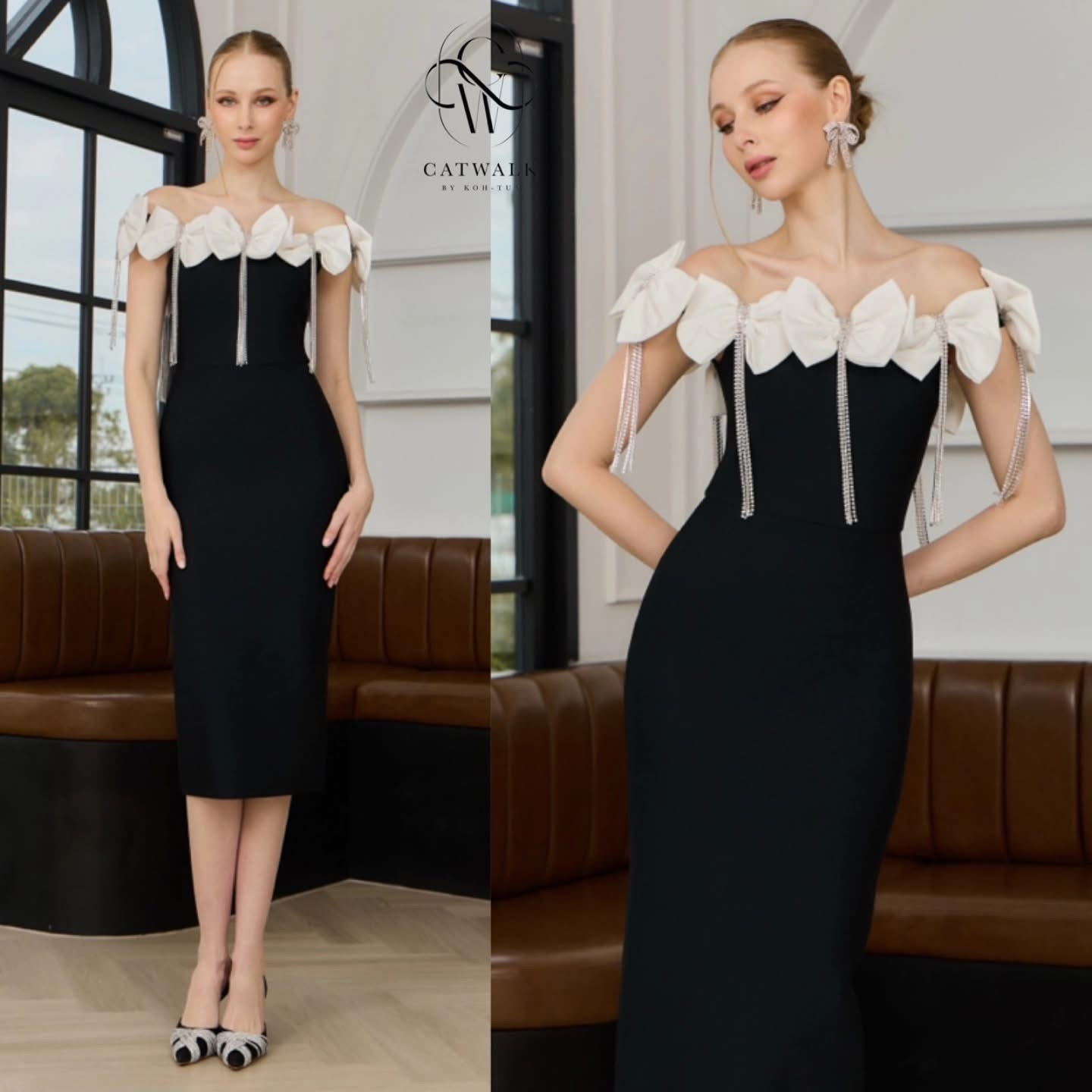 เดรสแต่งโบว์+สร้อยเพชร ตัวชุดเป็นผ้ายืดเนื้อหนาเก็บทรงสวย เพิ่มความหรูหราด้วยโบว์รอบไหล่ แต่งด้วยสร้อยเพชรตรงกลางโบว์ย้อยระย้าสวยมาก ใส่สบาย : สินค้าคุณภาพ (พร้อมส่ง)