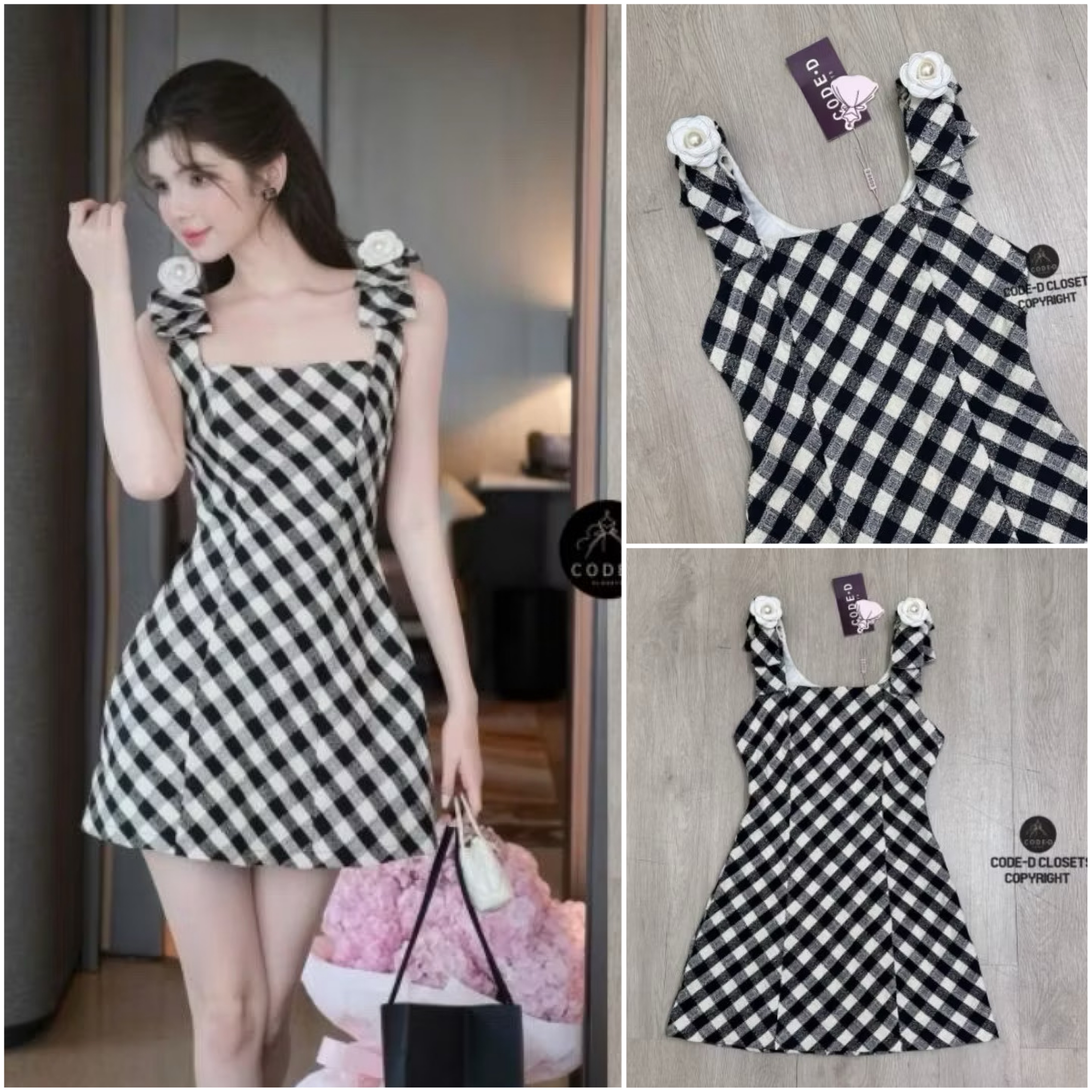 มินิเดรสเนื้อผ้าลายสก๊อตสีดำขาวผ้าทอ ทวีตดีไซน์สายเดี่ยวช่วงบ่าแต่งโบว์ใหญ่/เข็มกลัด ใส่สบาย : สินค้าคุณภาพ (พร้อมส่ง)