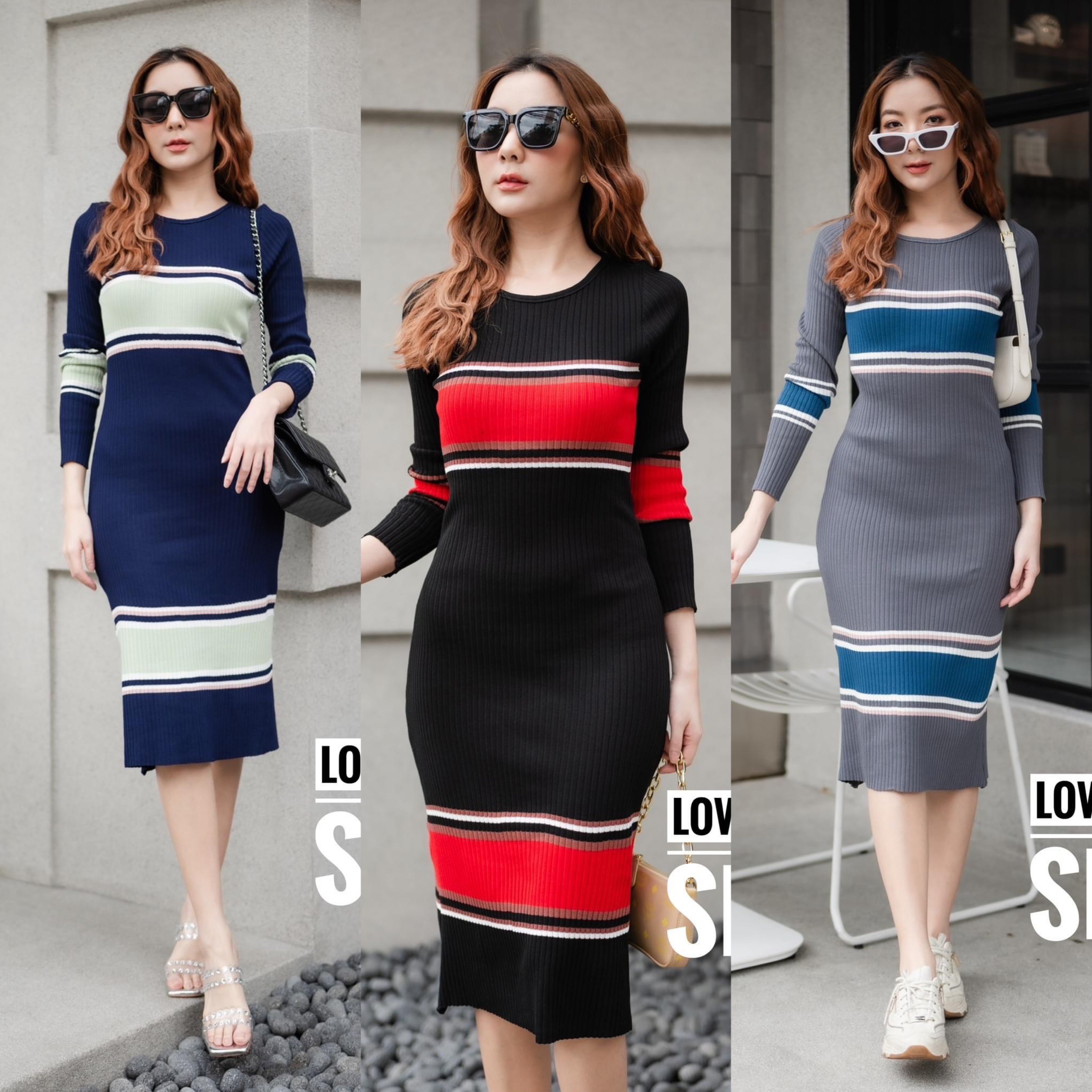 เดรสผ้า knit แขนยาว งานทอร่องแต่งสลับสี ใส่สบาย. สินค้าคุณภาพ (พร้อมส่ง)