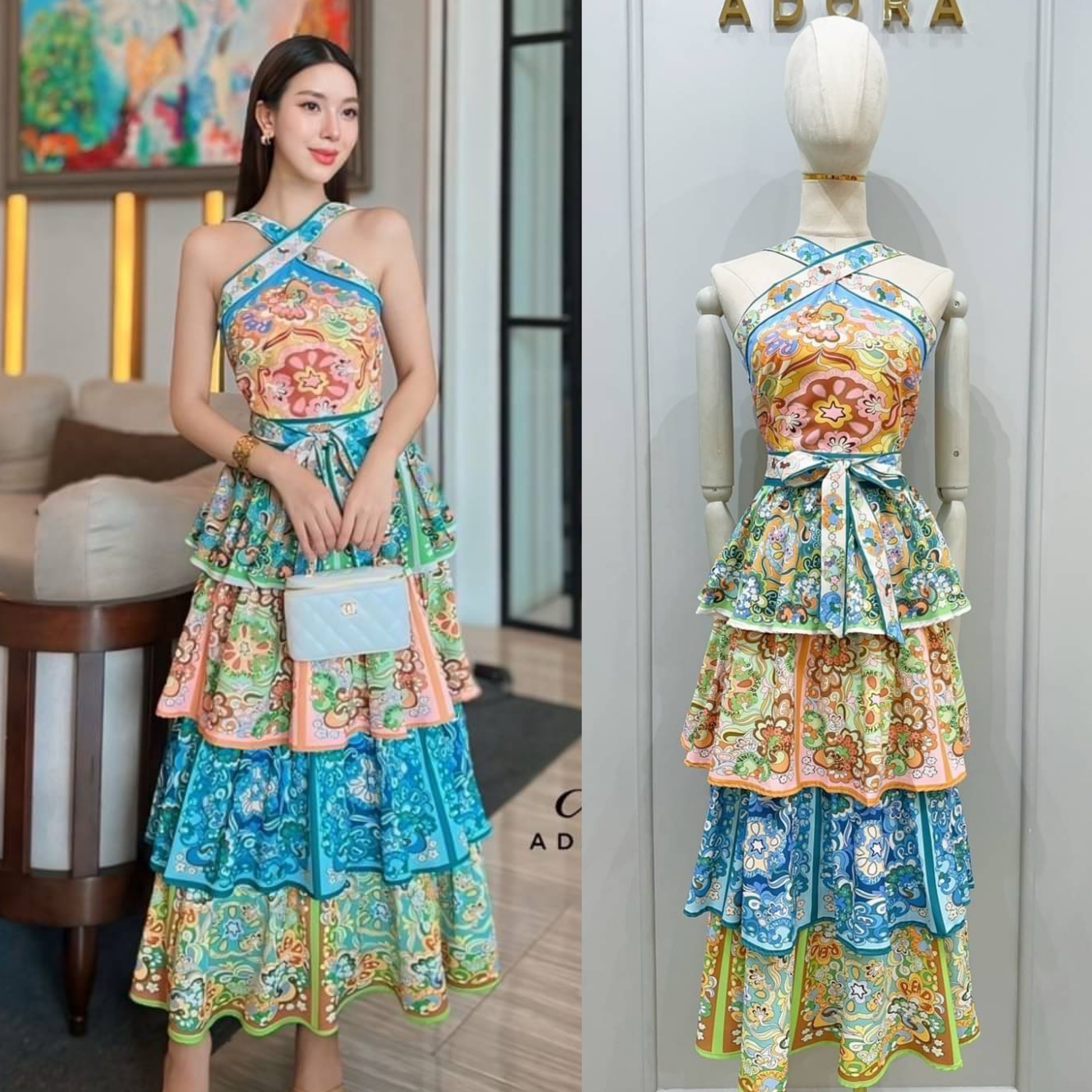 แม๊คซี่เดรส สายไขว้พิมพ์ลายสีสันสดใส ลายสวยคมชัด ช่วงกระโปรง แต่งระบายชั้นๆ ใส่สบาย สินค้าคุณภาพ (พร้อมส่ง)