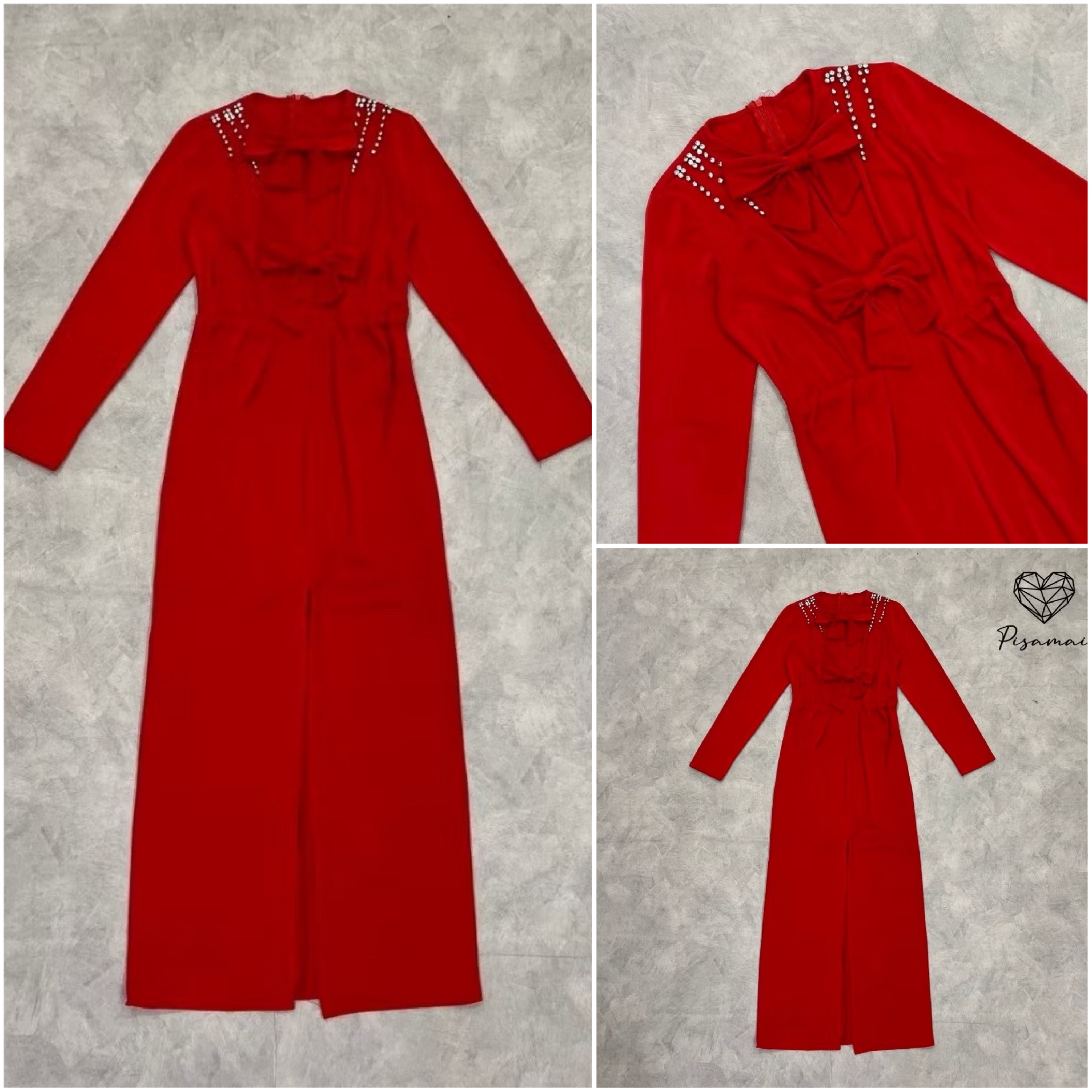 เดรสสีแดงแขนยาวแต่งโบว์ช่วงหน้าอก ทรงผ่าหน้าทรงเข้ารูปทรงยาว สวย หรู ใส่สบาย : สินค้าคุณภาพ (พร้อมส่ง)