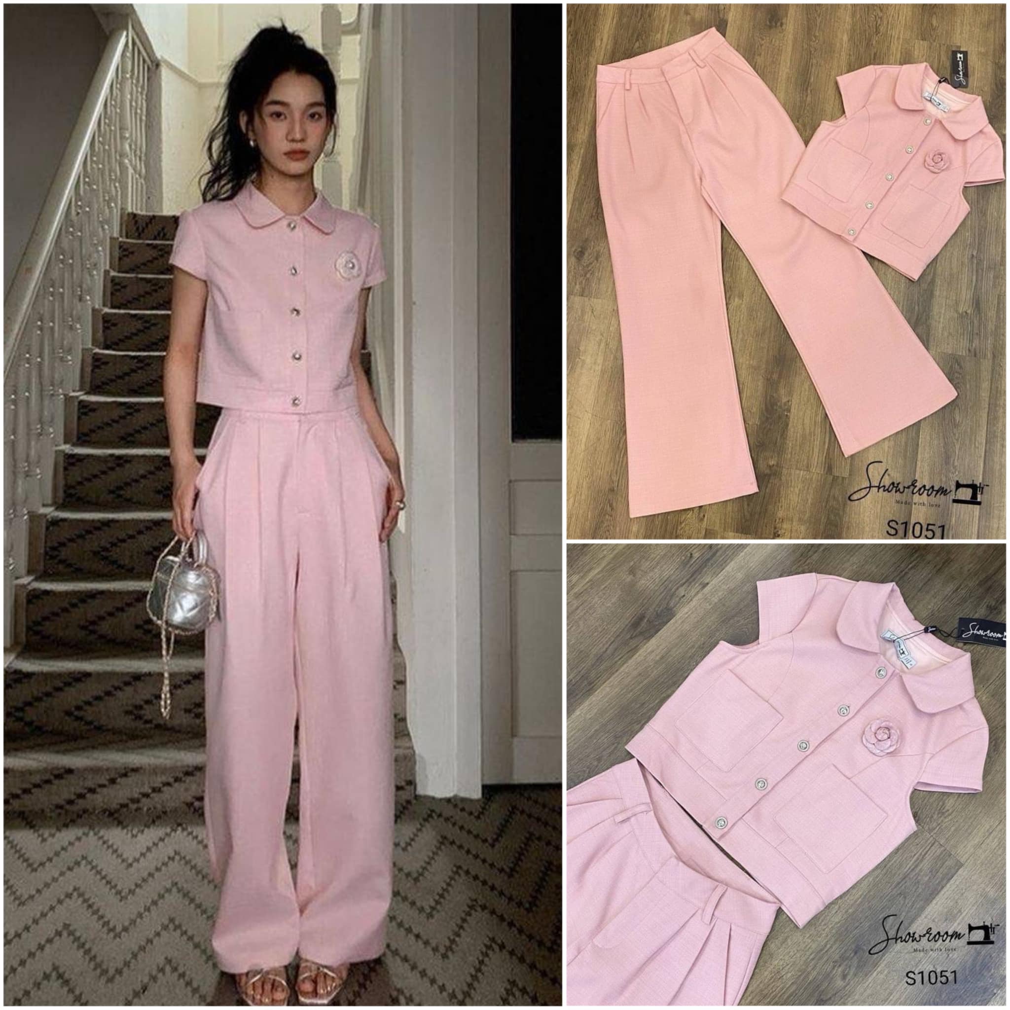 เซ็ตเสื้อแขนสั้น ดีไซน์สวย กระดุมหน้า แต่งปก ตัด ต่อกระป๋าด้านหน้าซ้ายขวา มาพร้อมกางเกง ขายาวเข้าเซ็ต และเข็มกลัดดอกไม้ ใส่สบาย สินค้าคุณภาพ (พร้อมส่ง)