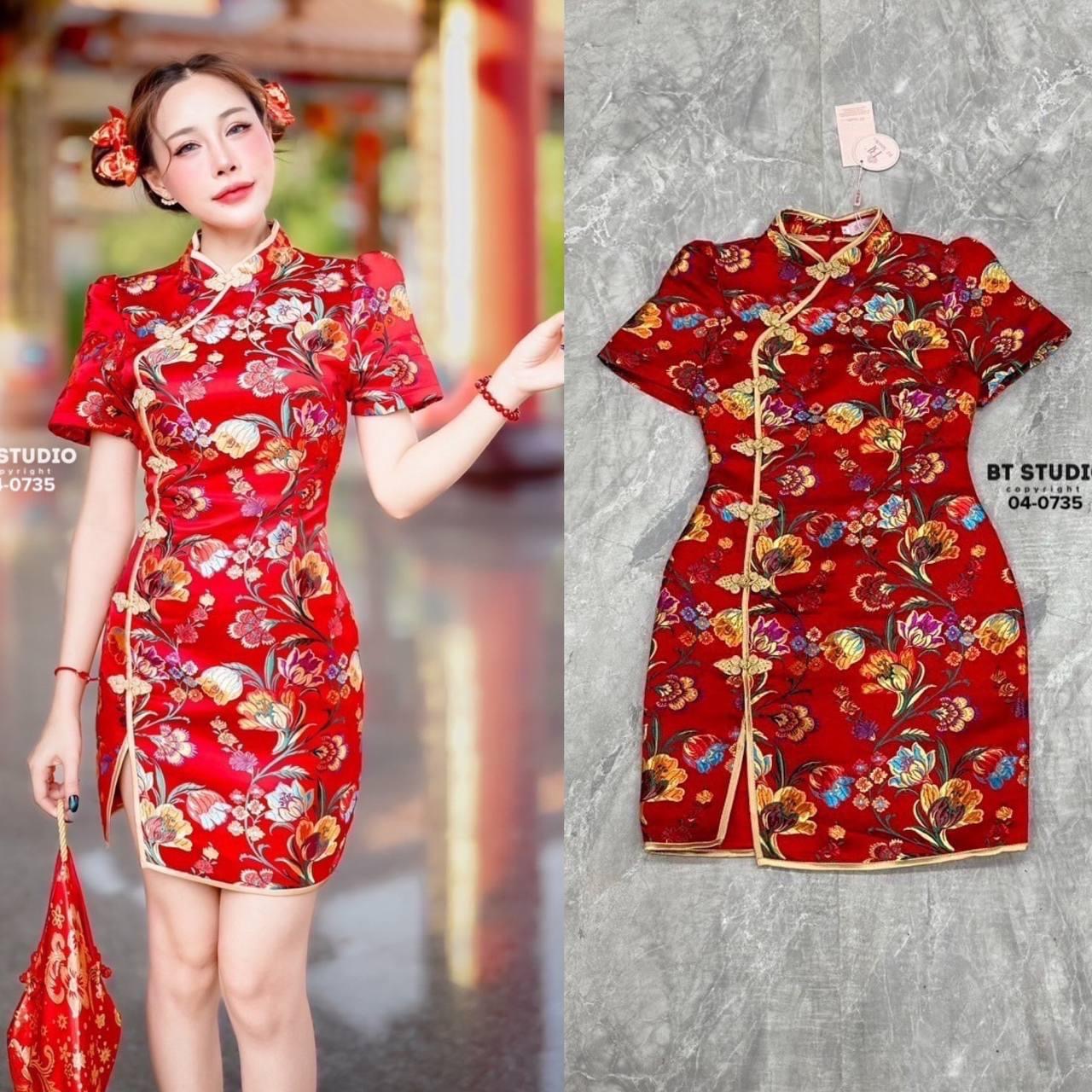 เดรสรสสั้นผ้าทอลายในนตัว แต่งขอบกุ้นกระดุมจีน เว้าปลายชายเล็กน้อย ใส่สบาย สินค้าคุณภาพ (พร้อมส่ง)