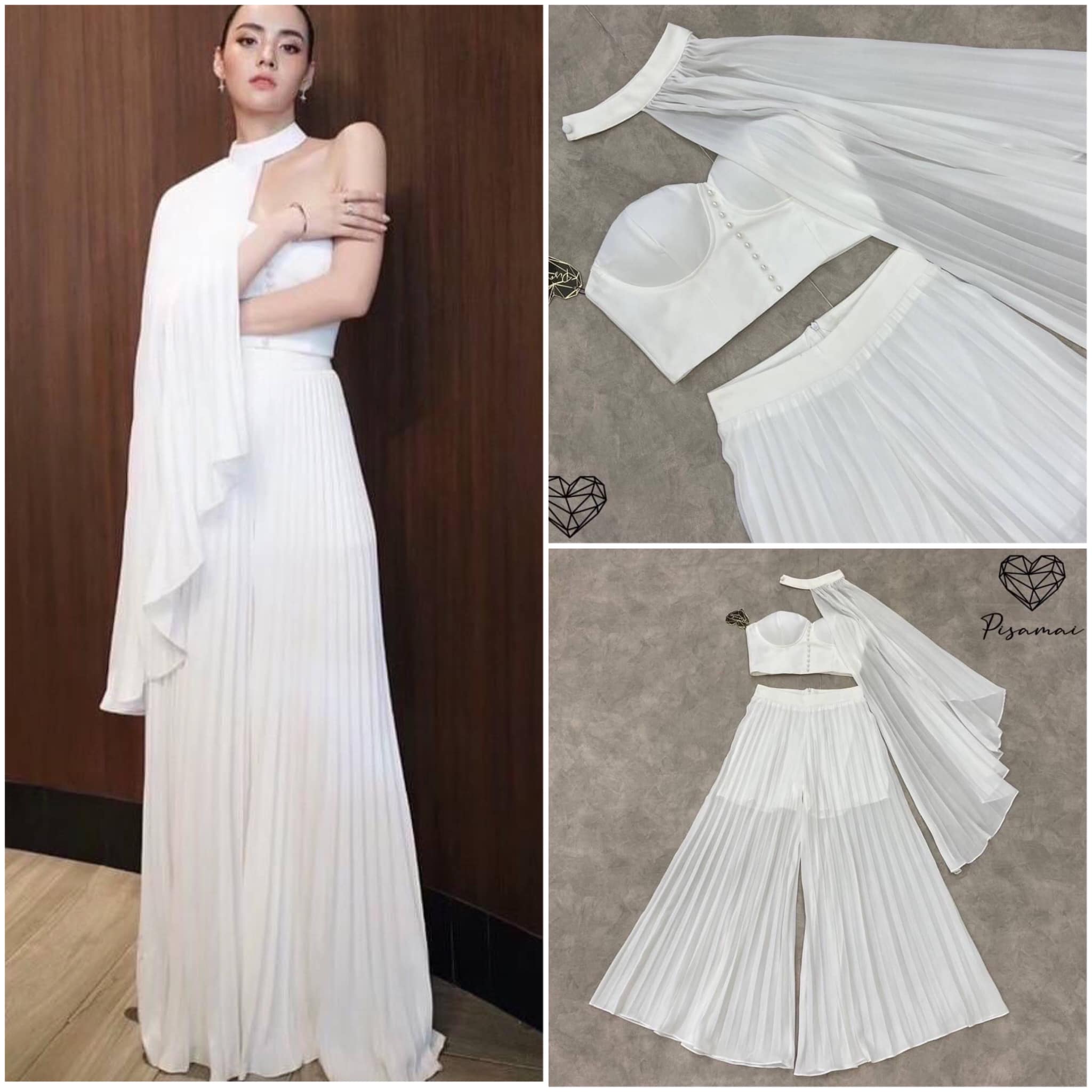เซ็ตเกาะอกสีขาว มาคู่กับ กางเกงพลีทขายาว และโชกเกอร์คอ เวอร์วังอลังการมากค่าชุดนี้ สินค้าคุณภาพ (พร้อมส่ง)