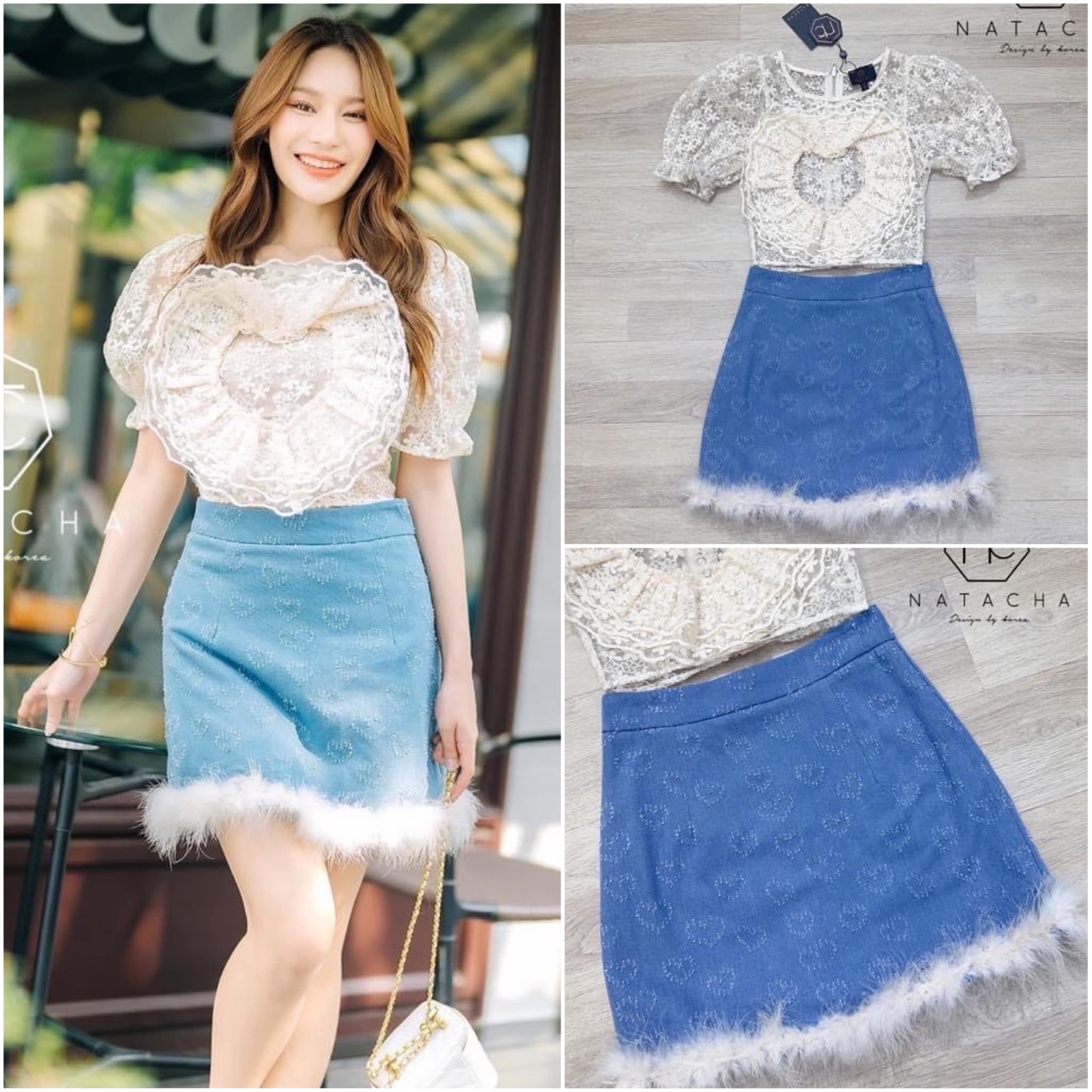 Set เสื้อลูกไม้แขนพอง จับจีบหัวใจ ด้านหน้า2ชั้น งานสวยน่ารักก แมตกระโปรง ผ้ายีนสกิดลายหัวใจ ซับด้านในเป็นกางเกง สินค้าคุณภาพ (พร้อมส่ง)