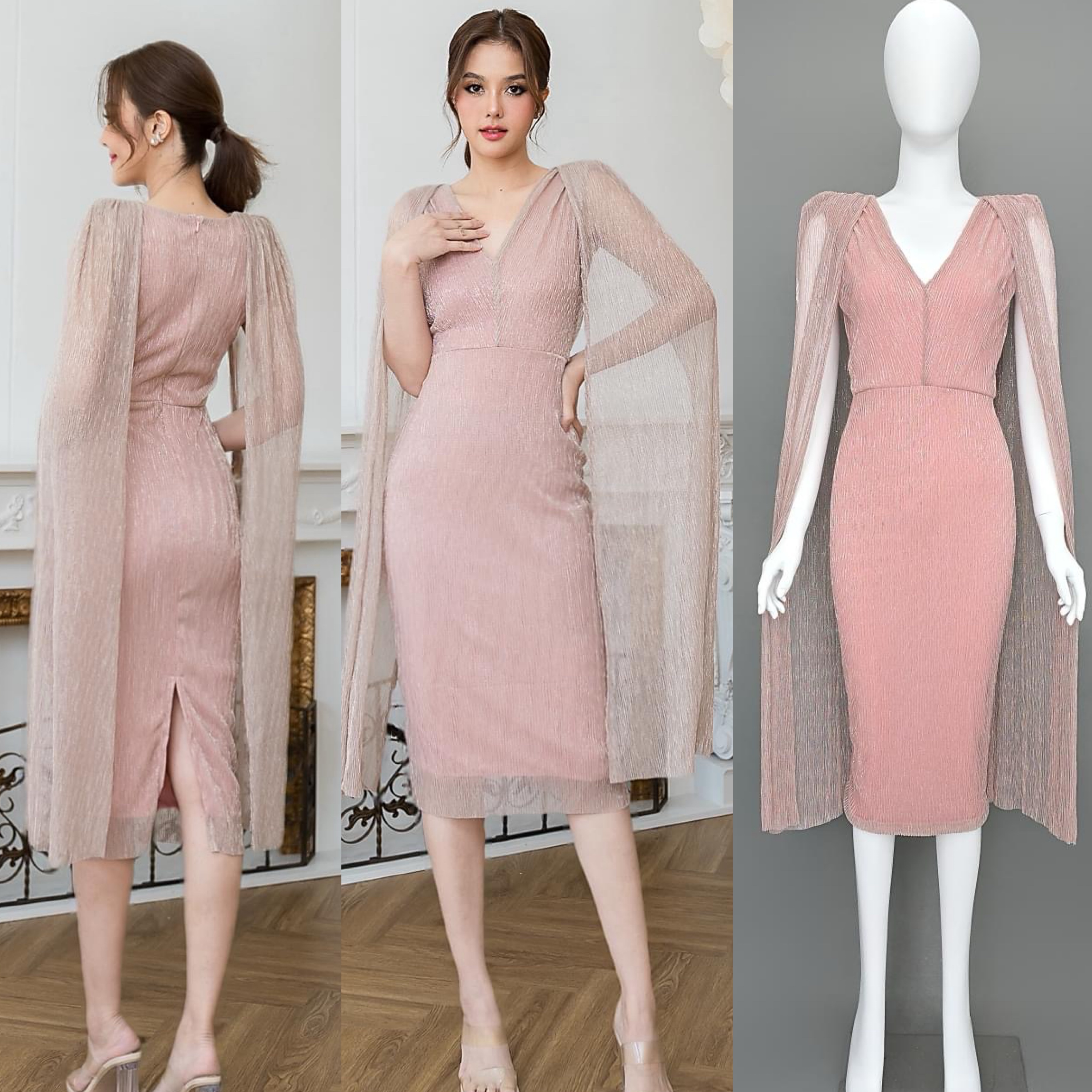 เดรส เสื้อคอวี กระโปรงทรงสอบเข้ารูป : แขนเสื้อเป็นผ้าคลุม ลูกเล่นผ่าด้านใน เพื่อความกรุยกราย มีซิปซ่อนและซับในเต็มตัว ใส่สบาย : สินค้าคุณภาพ (พร้อมส่ง)