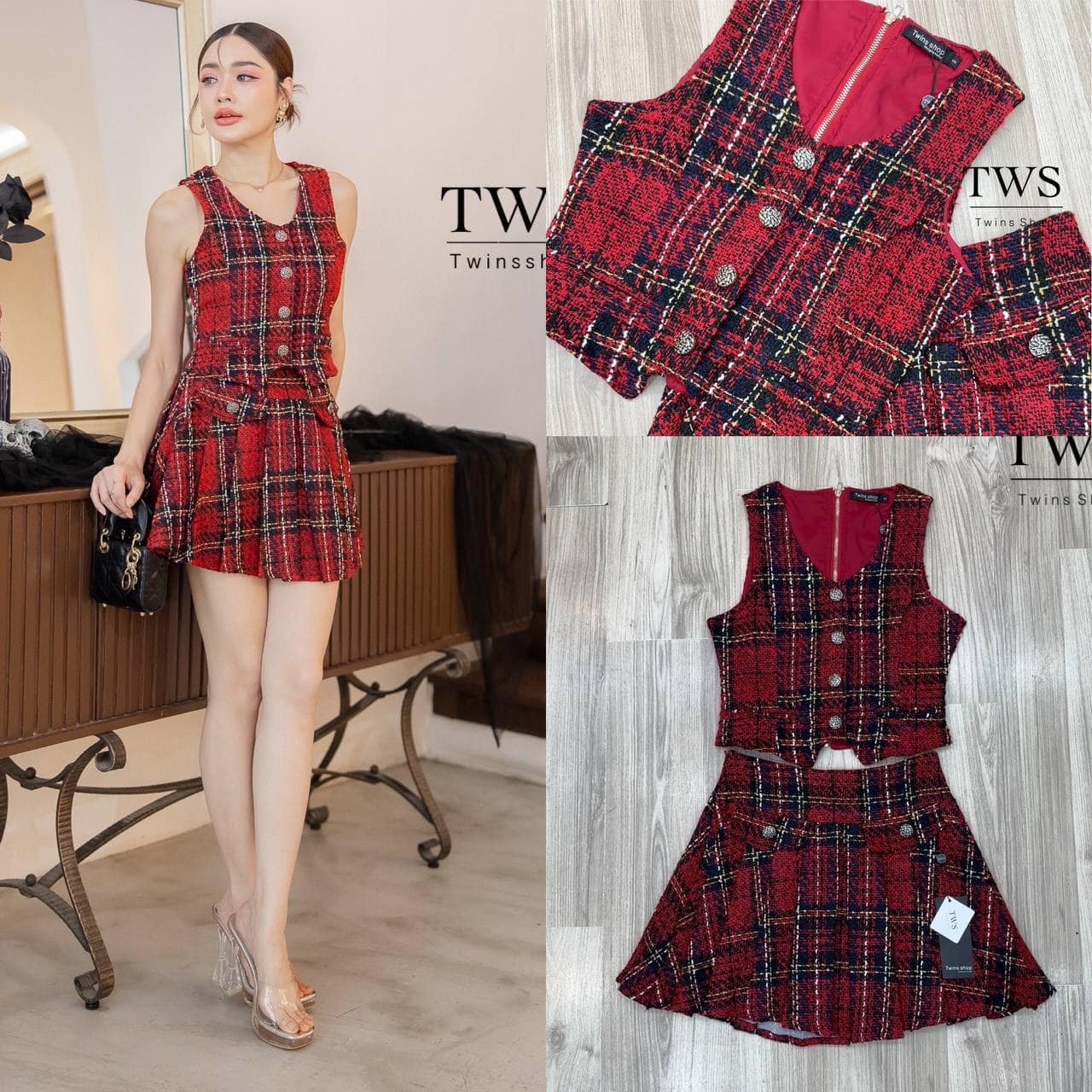 Set.เสื้อเบเซอร์แขนกุดผ้าทวิตลายสก็อตสีแดง ใส่สบาย : สินค้าคุณภาพ (พร้อมส่ง)