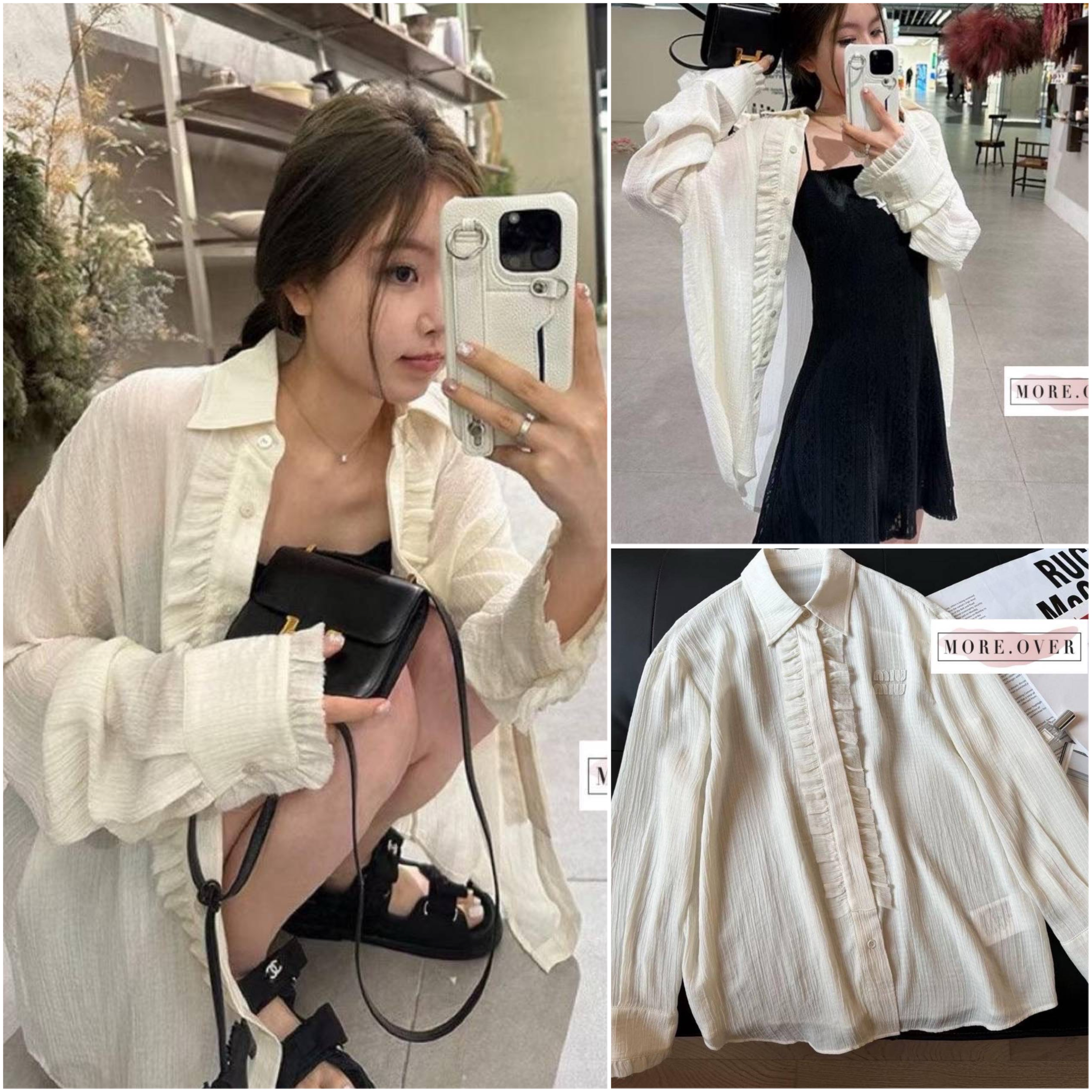 เสื้อเชิตแขนยาวแต่งระบายช่วงอกปักชื่อแบรนด์ MIU MIU : สินค้าคุณภาพ (พร้อมส่ง)