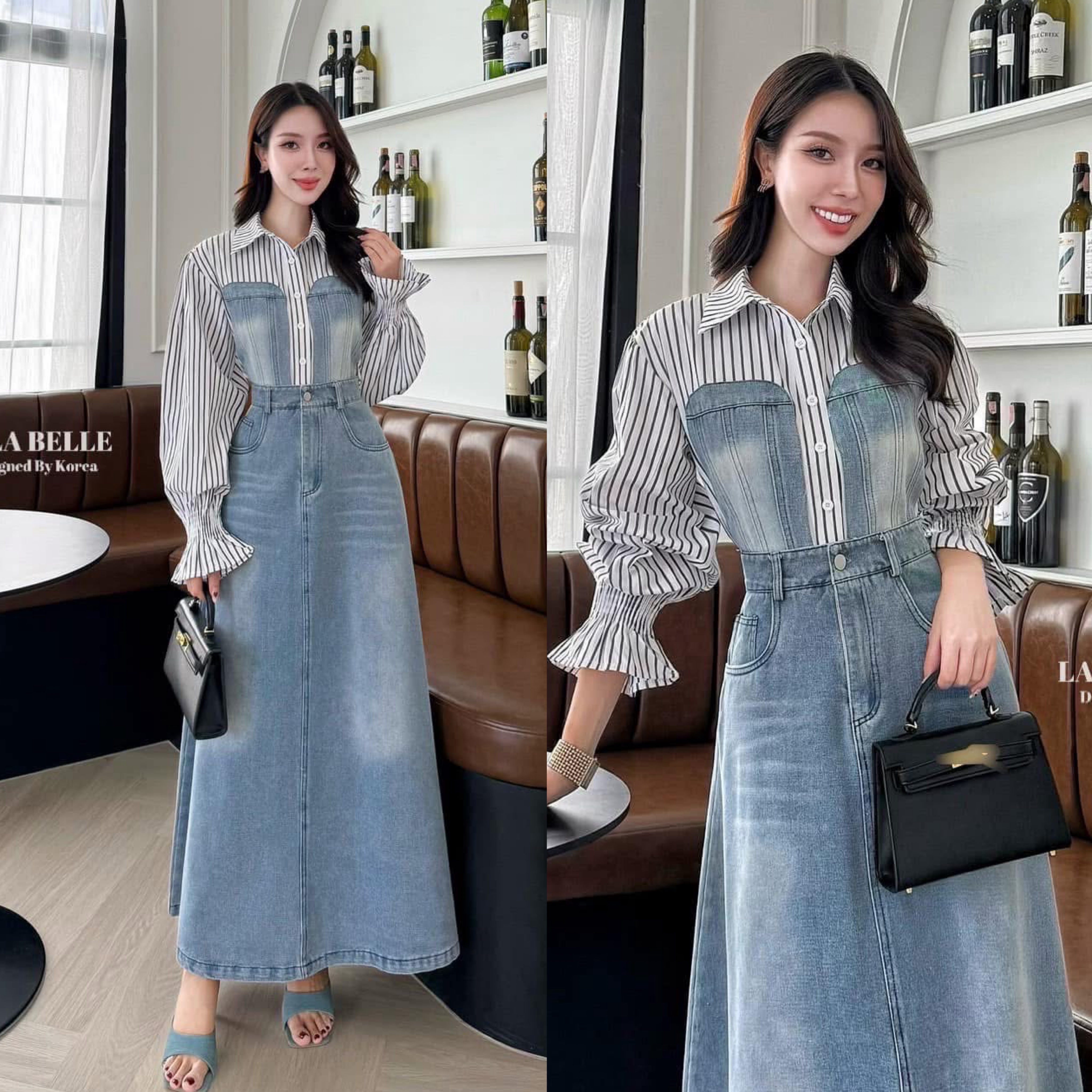 เซต2ชิ้น เสื้อเชิ้ตลายริ้วกระดุมหน้าแขนยาวปลายแขนจั้มช่วงอกเสื้อแต่งเป็นผ้ายีนฟอง ทรงเสื้อเชิ้ตเกาหลีสุดๆใส่คู่กับกระโปรงยีนส์ฟอกทรงบานเจ้าหญิงทรงสวยมาก ใส่สบาย : สินค้าคุณภาพ (พร้อมส่ง)